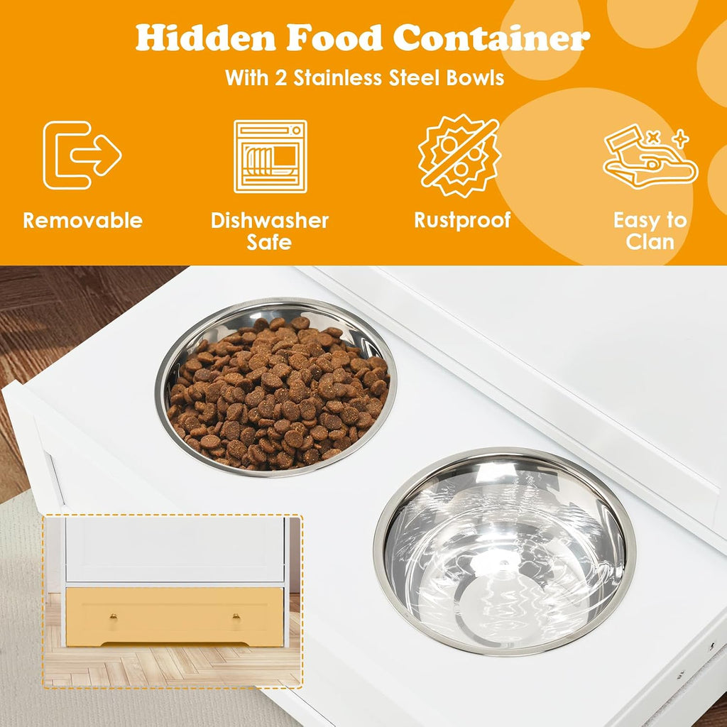 PETSITE Dog Feeding Station with Storage and 2 Elevated Bowls, Modern Dog Food Cabinet with 3 Side Hangers and Tilt-Out Storage Cabinet (White)