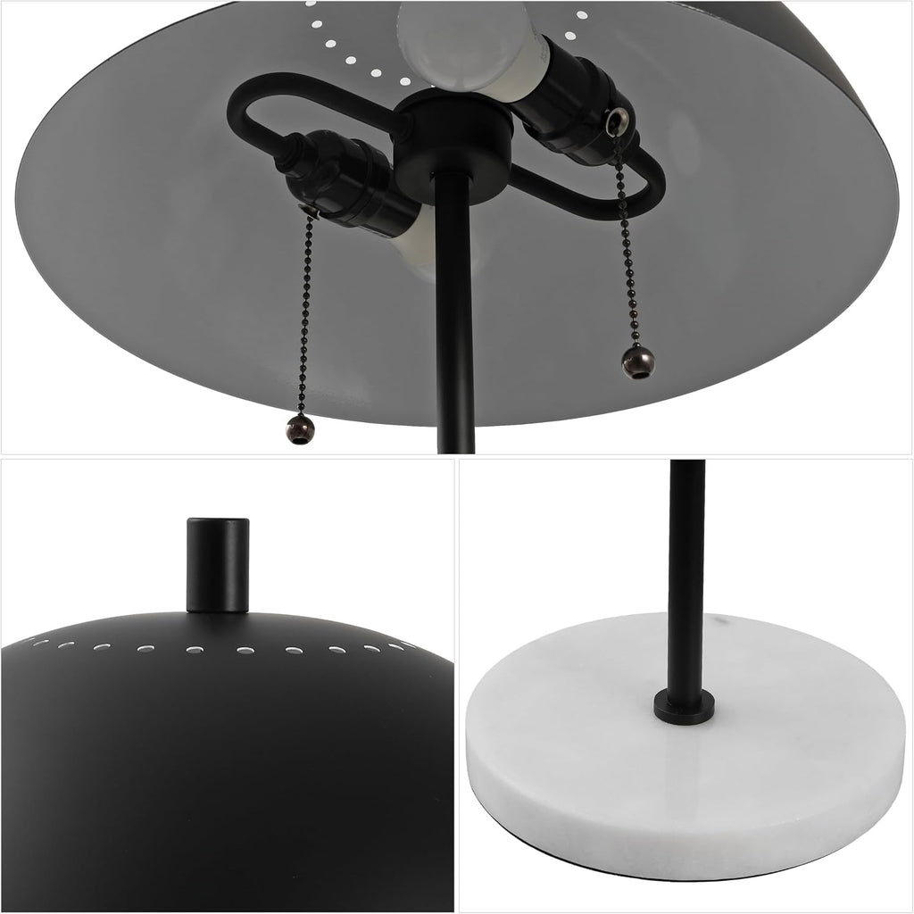 JONATHAN Y 20.7' Black/White Marble 2-Light LED Table Lamp for Modern Bedside Decor, Glam Desk Lamp, Gold Metal Dome Shade, Pull Chain Switch, Bulbs Included (JYL1071B)