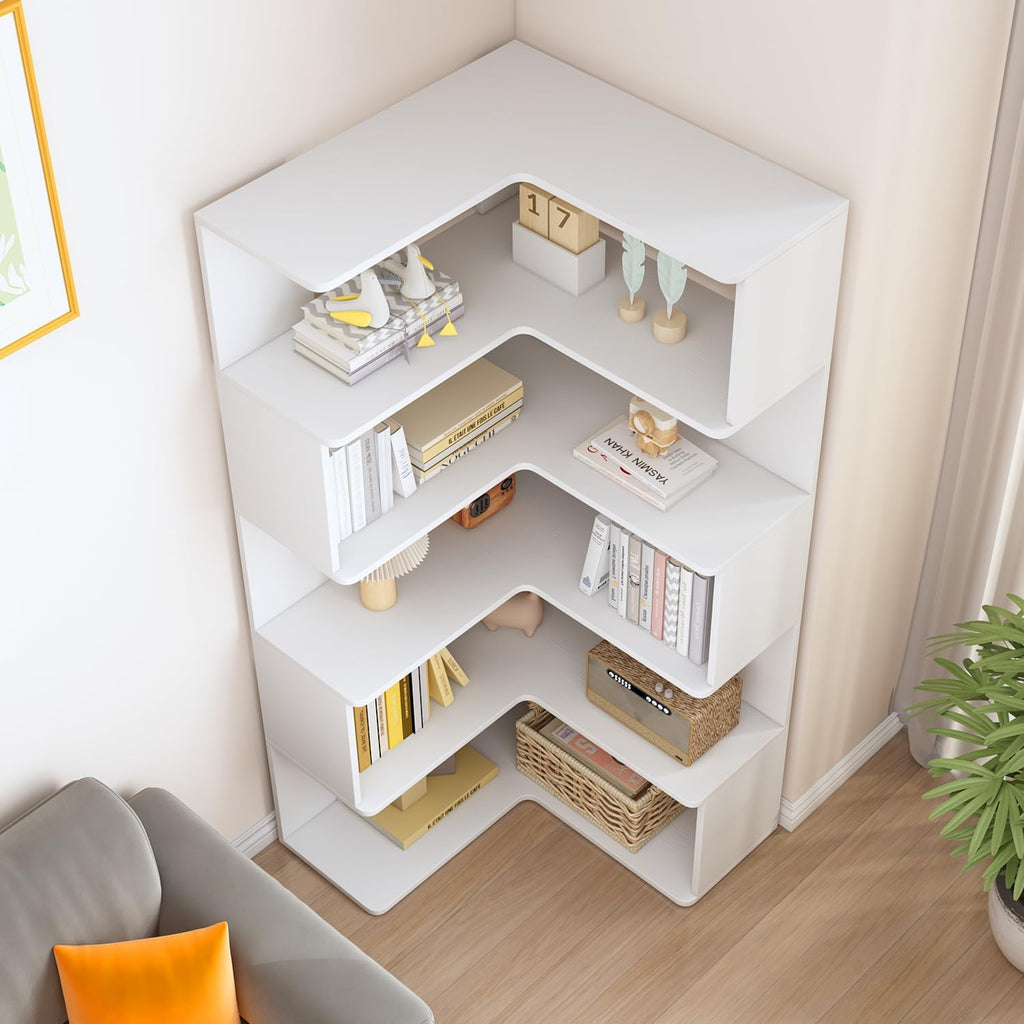 IOTXY 6-Tier L-Shaped Corner Bookshelf - 66' Tall Wooden Freestanding Bookcase with Open Shelf Units, White
