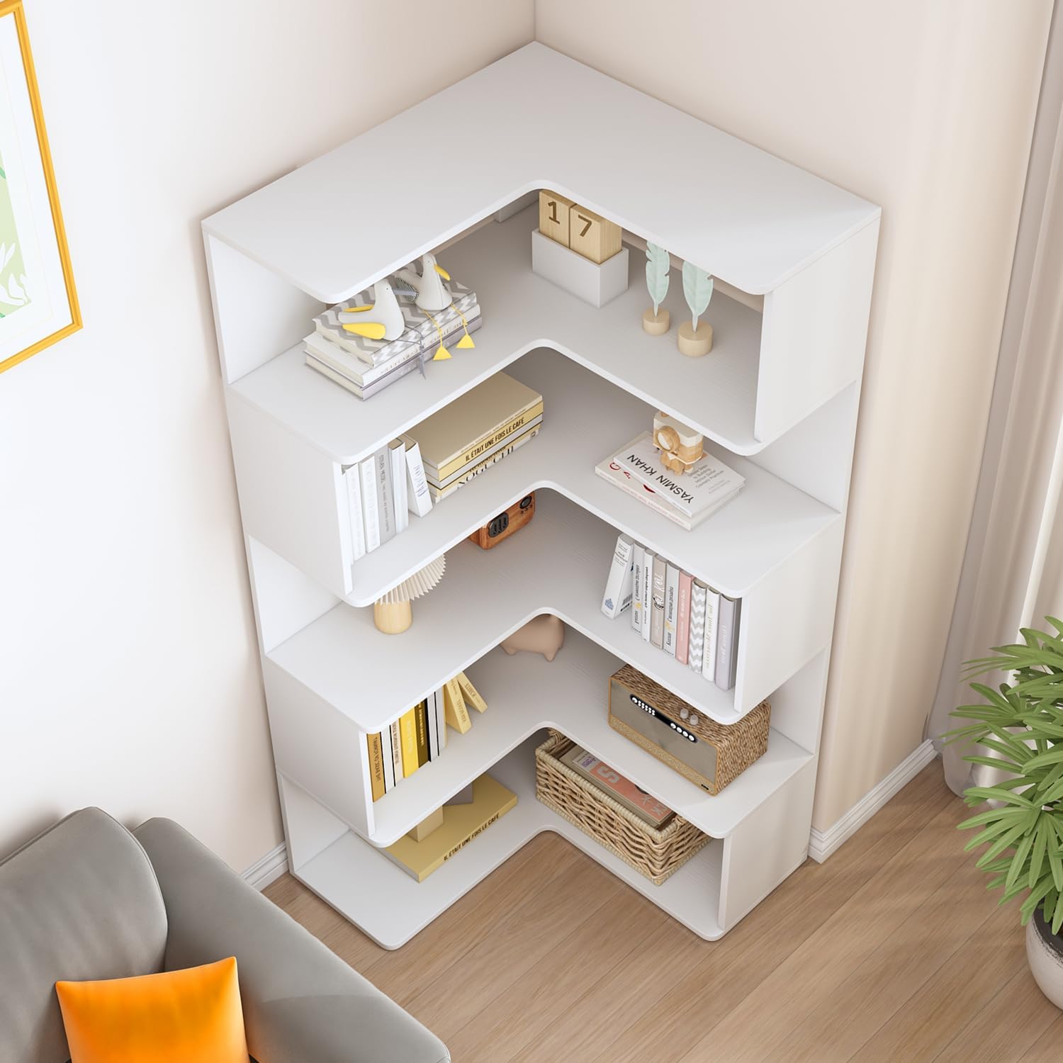 IOTXY 6-Tier L-Shaped Corner Bookshelf - 66' Tall Wooden Freestanding Bookcase with Open Shelf Units, White