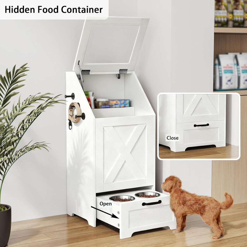 Dog Feeding Station with Storage,Wooden Pet Food Storage Cabinet,Equipped with 2 High Footed Bowls and 3 Hooks,Top Glass Flip Cover,Anti Tipping Device (Dog Feeding Station-White)