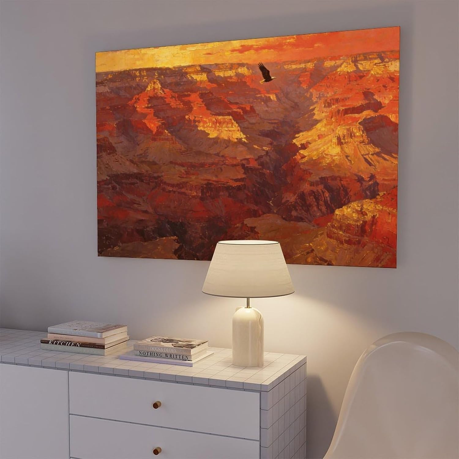 Canyon Sunset Landscape Wall Art Print, Dramatic Red Rock Vista with Soaring Eagle Painting Poster for Home Office Decor 24x36inch(60x90cm)