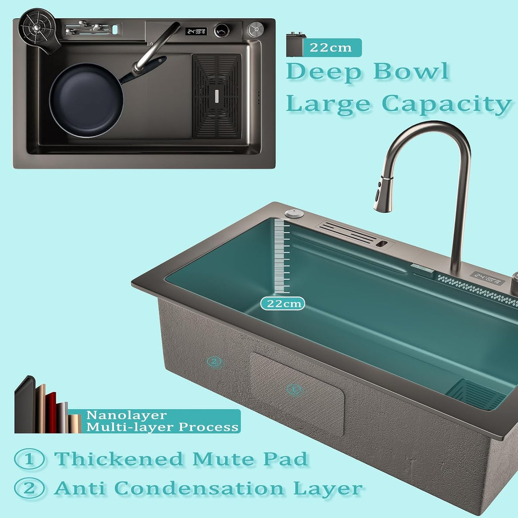 13-Piece Set Waterfall Kitchen Sink Stainless Steel Workstation Single Bowl Sink with Digital Display Pull-Out Faucet, Cup Washer, Control Knobs (Color : Black-Grey, Size : 80x46cm)