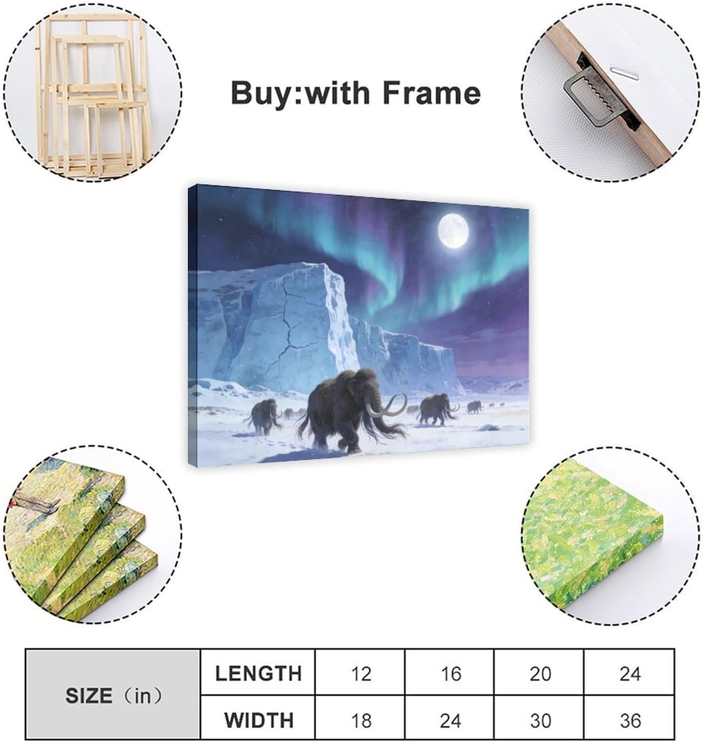 Aurora Mammoth Wall Art Print, Ice Age Prehistoric Scene Under Northern Lights And Full Moon, Fantasy Winter Poster 24x36inch(60x90cm)