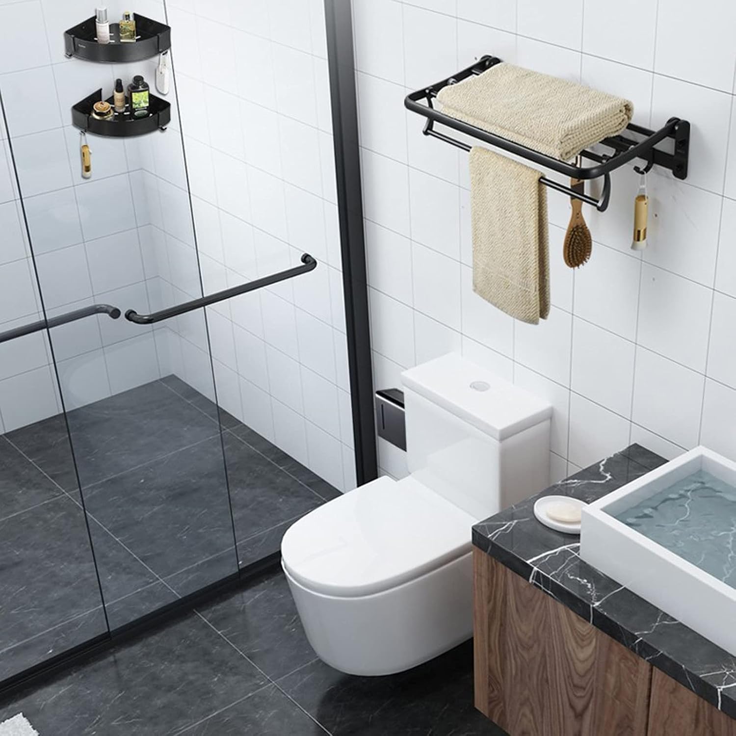 Bathroom Shelf Wall Floating Bathroom Bath Towel Rack 23 Inch Bathroom Shelves Foldable Wall Mounted Double Towel Holder with Towel Bar and 5 Hooks Floating Shelves Corner Shower Caddy
