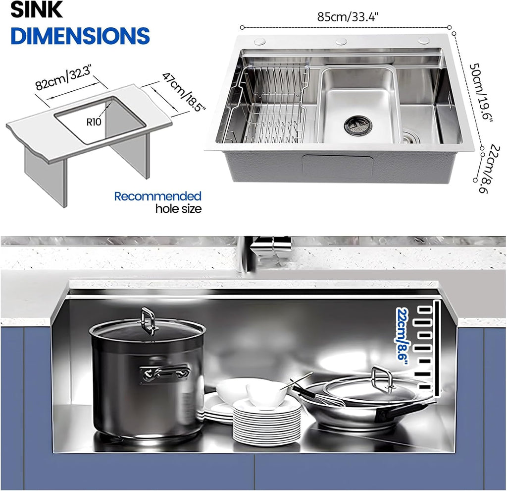 Large Kitchen Sink, With Drain Kits, 304 Stainless Steel, Heavy Duty Kitchen Bar Sink, Single Bowl Sink, For Drop In, Undermount(B,85x50x22cm)