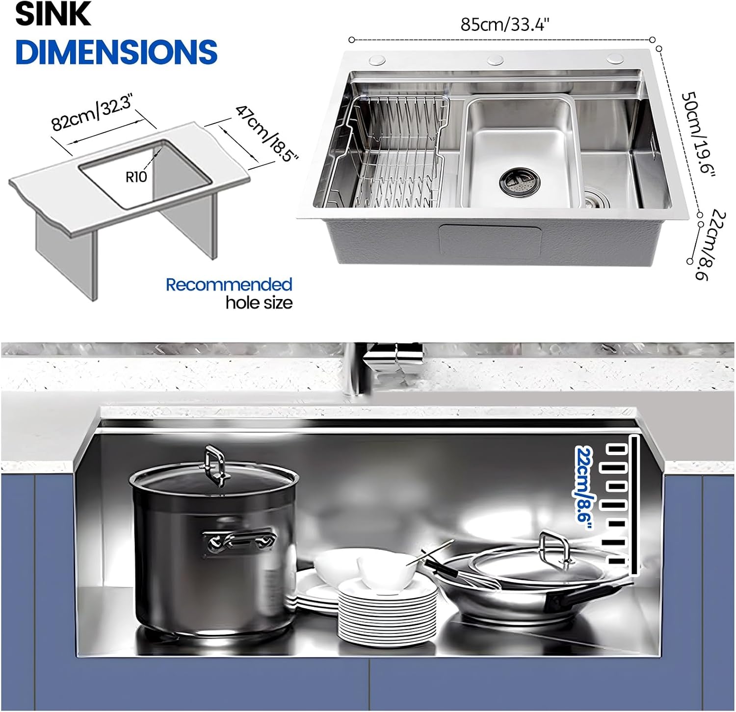 Large Kitchen Sink, With Drain Kits, 304 Stainless Steel, Heavy Duty Kitchen Bar Sink, Single Bowl Sink, For Drop In, Undermount(B,85x50x22cm)