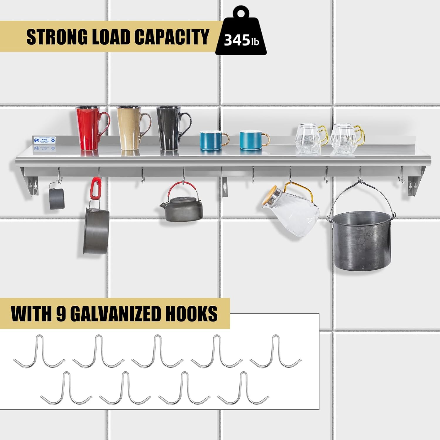 Hally Stainless Steel Shelf with 9 Hooks 12' x 72' Wall Mounted Pot Rack 345lb, NSF Commercial Floating Shelving for Storage Hanging Pots, Pans, cookware in Restaurant, Kitchen, Home and Hotel