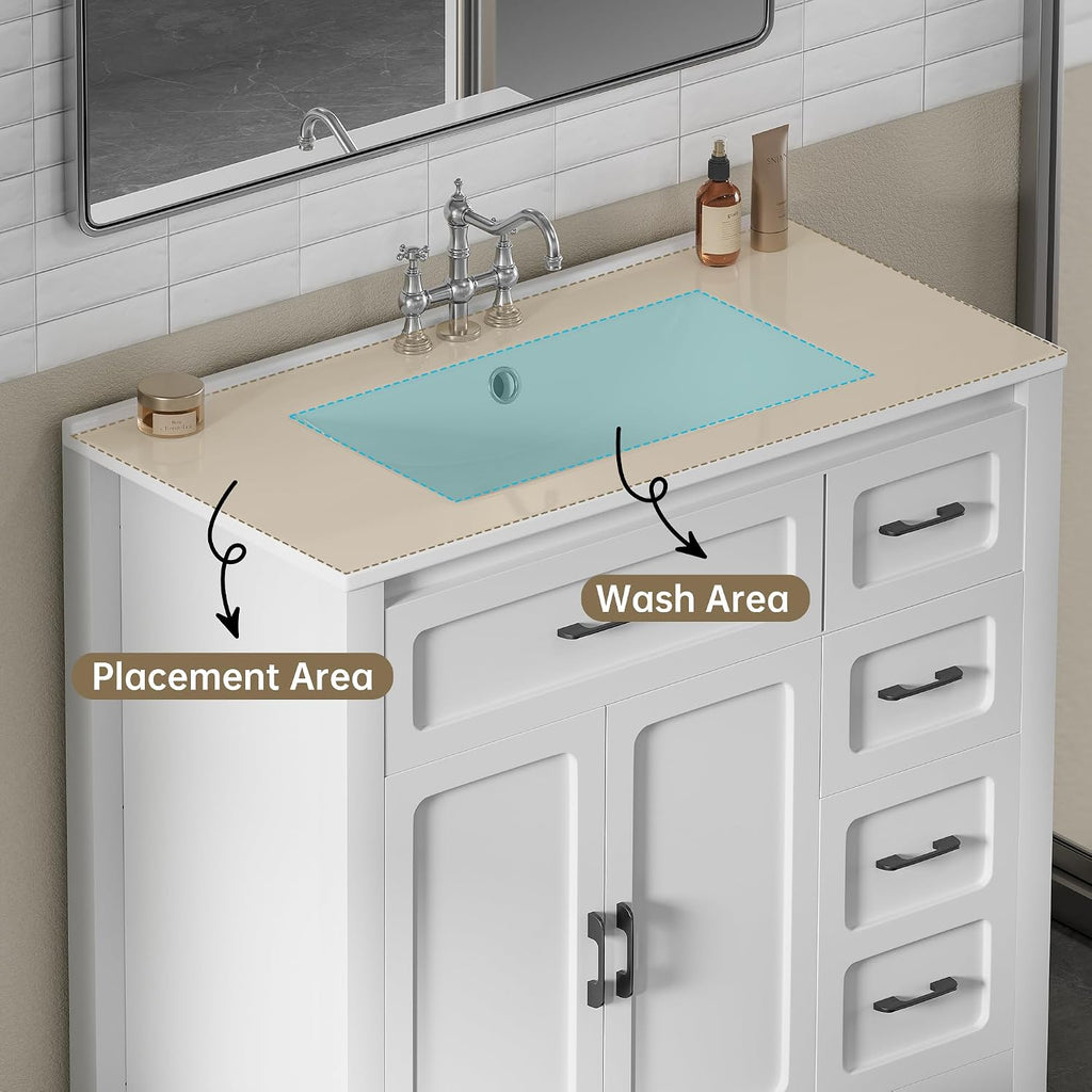 36' Ceramic Bathroom Vanity Sink Top, Modern White Vanity Top for cabinet with Triple Faucet Holes