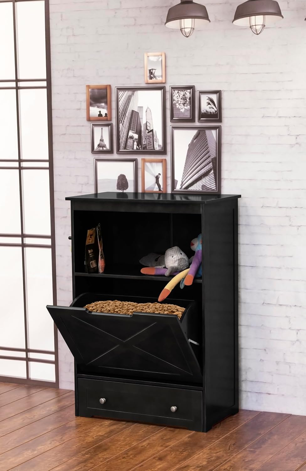 zoovilla Pet Feeding Station Furniture with Storage, Stylish Pet Food Cabinet with 2 Pull-Out Elevated Bowls, Tilt-Out Open Shelf Storage with 3 Hangers, Black.