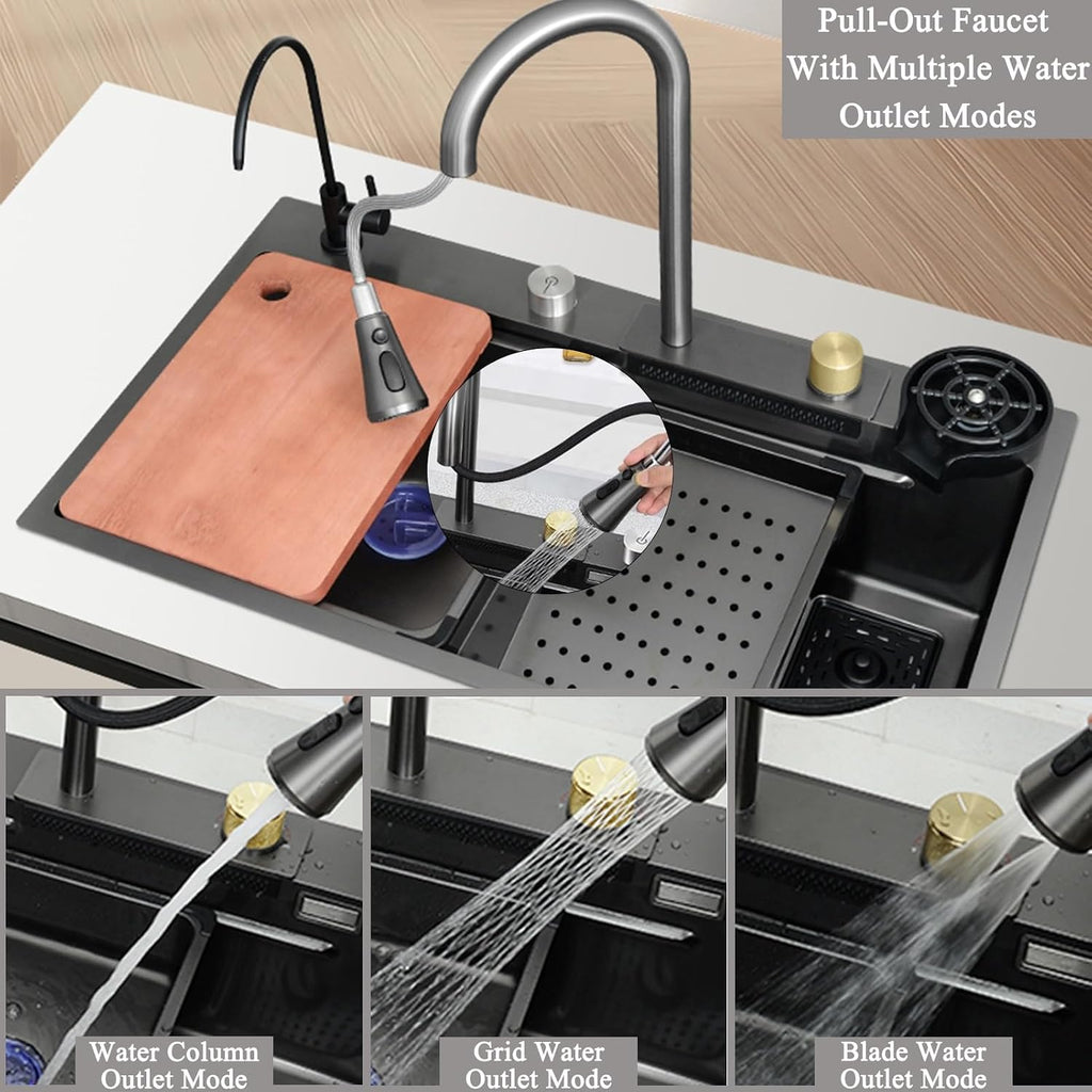 Waterfall Kitchen Sink Stainless Steel Top Mount Sink Black Nano Single Bowl Sink Multifunctional Workstation Sink with Pull-Out Faucet, Glass Cup Washer, D(Black-65x50x22cm