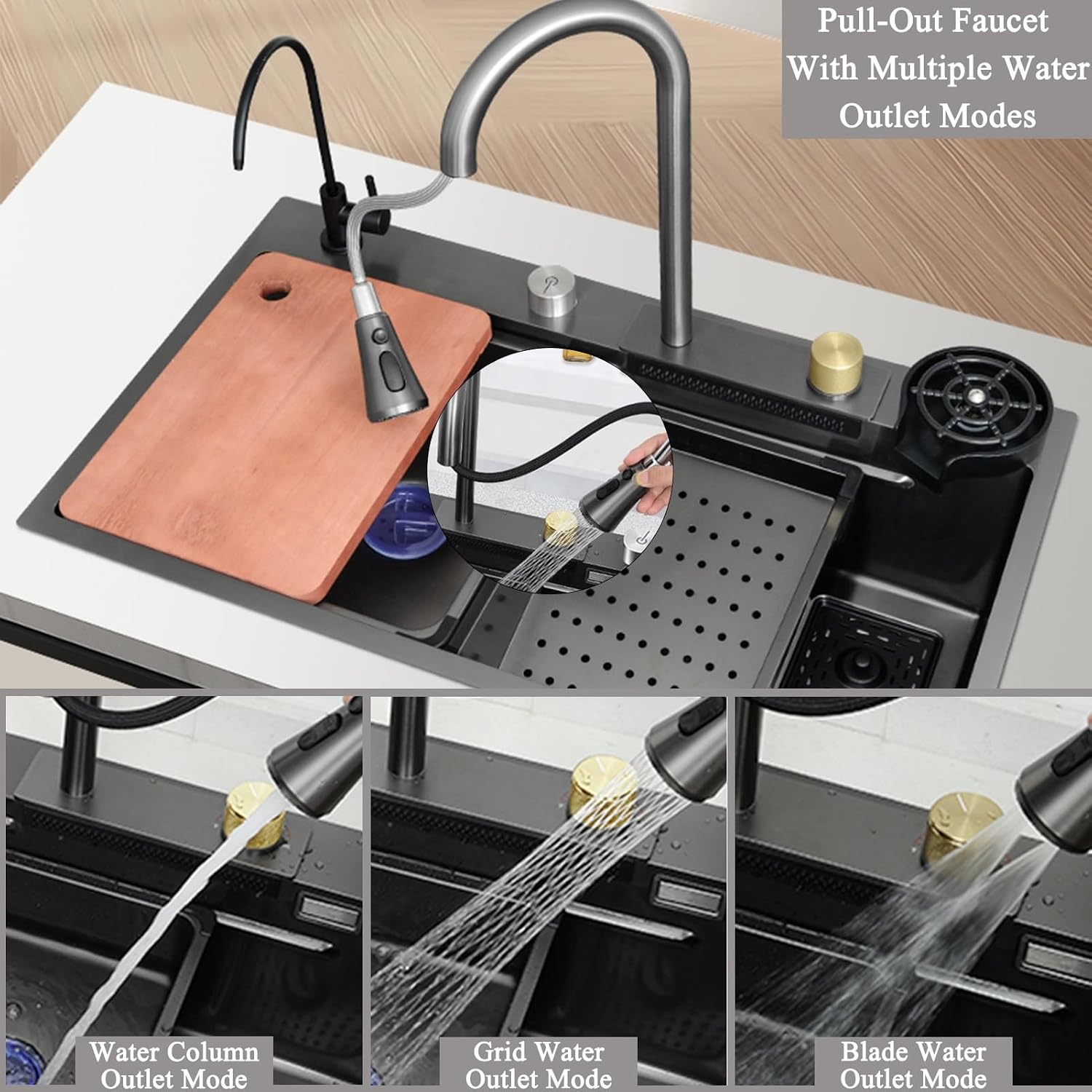 Waterfall Kitchen Sink Stainless Steel Top Mount Sink Black Nano Single Bowl Sink Multifunctional Workstation Sink with Pull-Out Faucet, Glass Cup Washer, D(Black-65x50x22cm