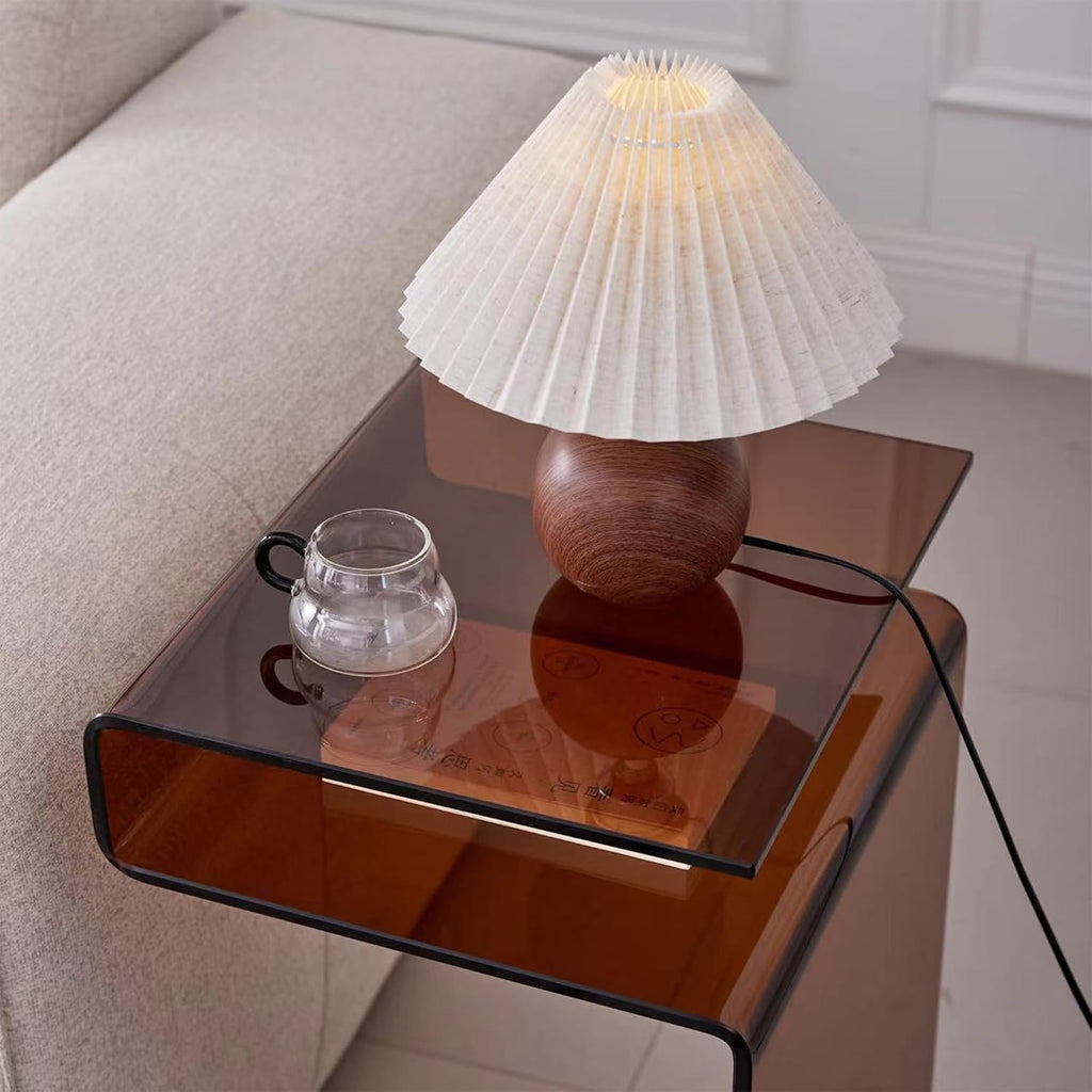Glass Nightstand End Table, Amber Color S-Shape Bedside Tables, Modern Small Side Table for Living Room, Sofa Nightstand (Brown S-Shape)