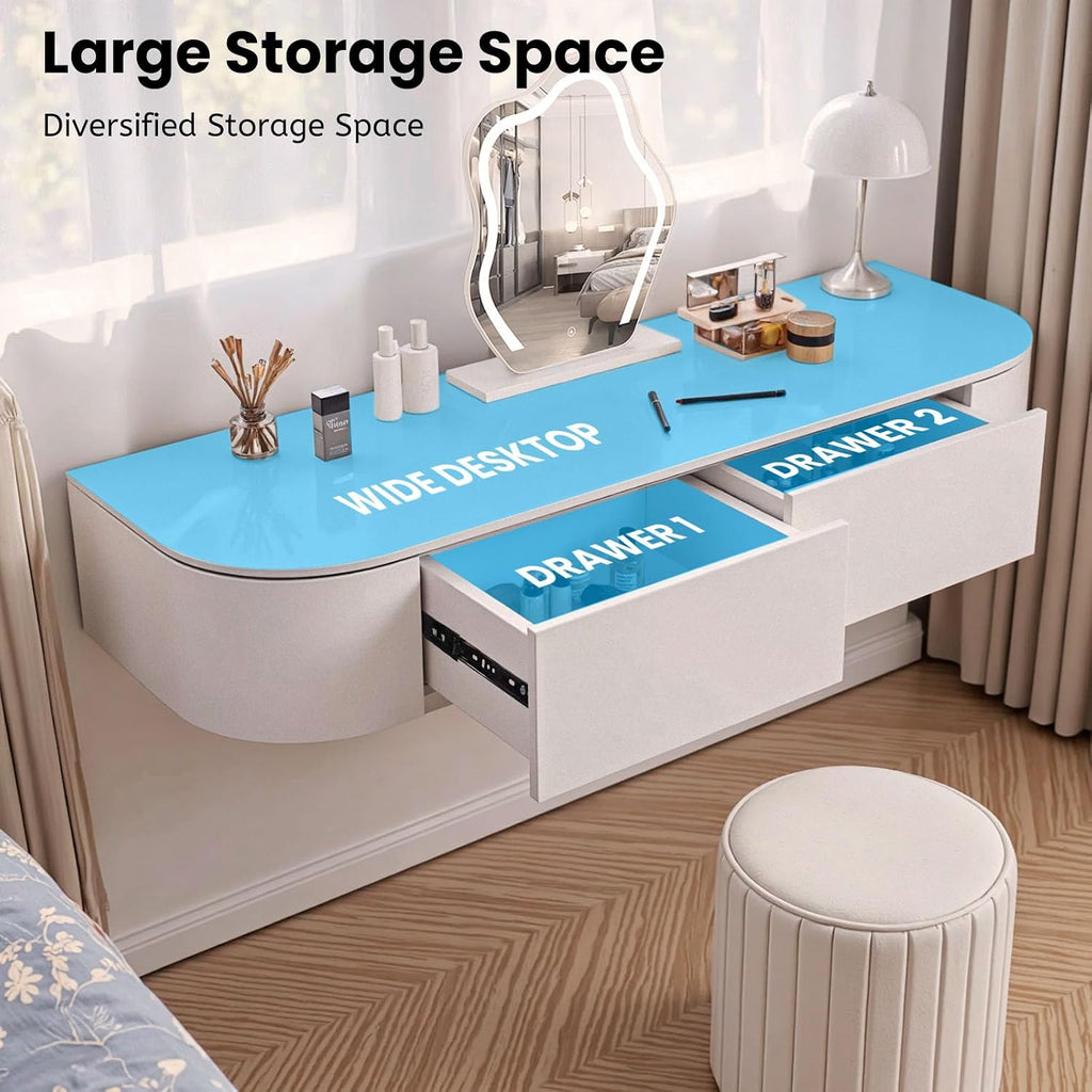 Corner Floating Desk with Drawers, Floating Vanity Makeup Table, Small Wall Mounted Floating Dressing Table Wall Storage Set, Wood Floating Shelf with Drawers, Modern White Vanity with Lighted Mirror(