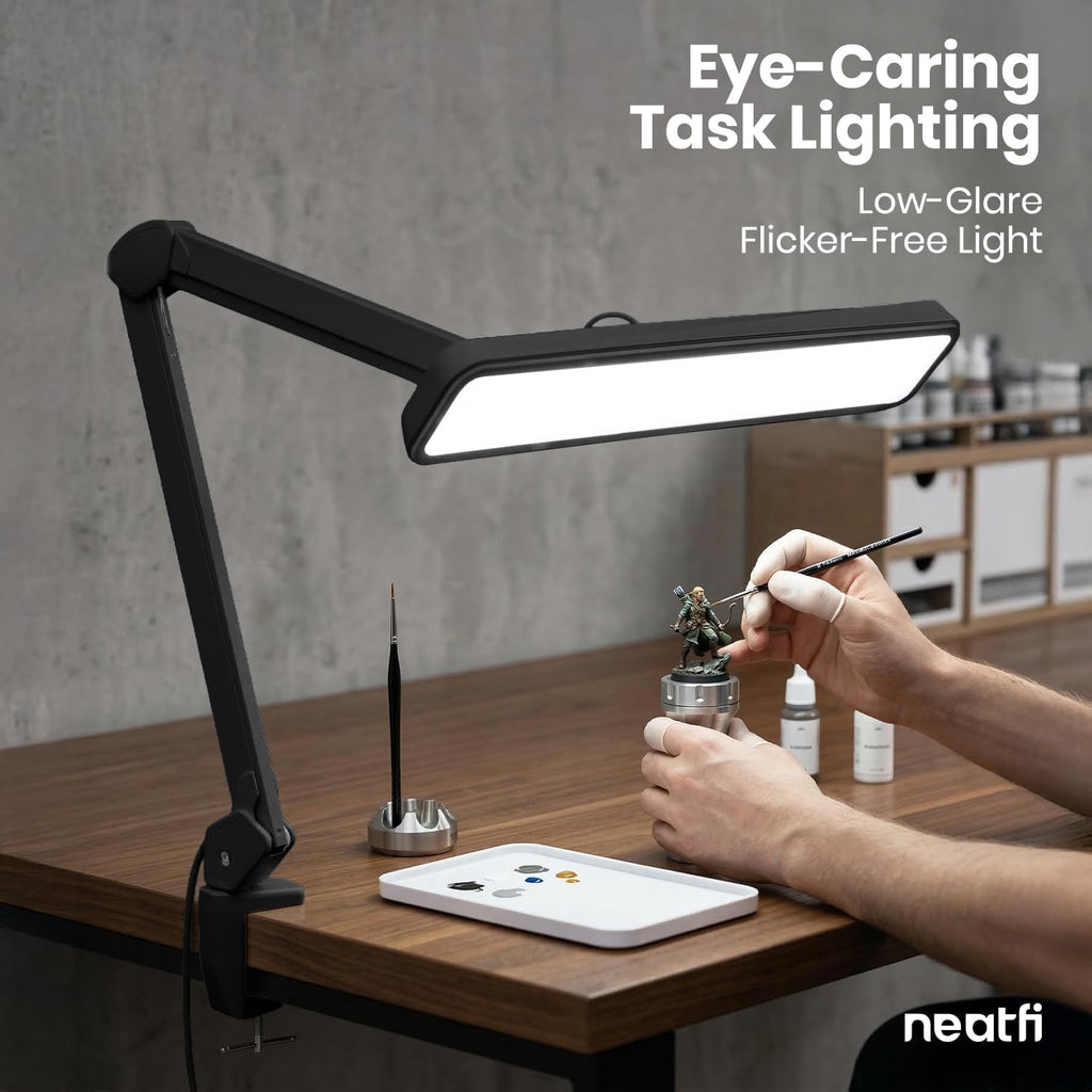 Neatfi XL 2,500 Lumens 30W LED Task Lamp for Manicure Table, Crafts, Workbench, Office – 22' Wide Shade Desk Light | Eye-Caring 6500K | 4-Level Brightness (Black, Non-CCT with Clamp)