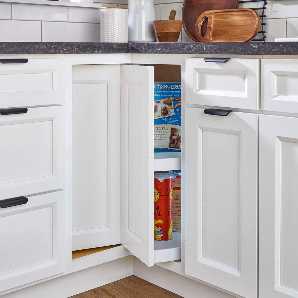 Rev-A-Shelf 2 Tier Pie-Cut Lazy Susan for Corner Base Cabinets, Plastic, 28' Double Shelf Swivel Kitchen Spice and Can Organizer, 28' W x 18.25' D x 26' H, White, 6942-28-11-52