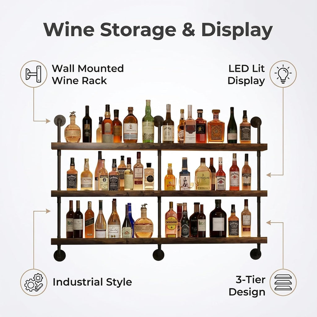 3-Tier Wall Mounted Wine Rack, Industrial Pipe Bar Shelf for Wine Bottle Storage, Industrial Pipe Shelves Shelf Shelving for Home Bar Dining Room Kitchen (47.2' W x 47.2' H)