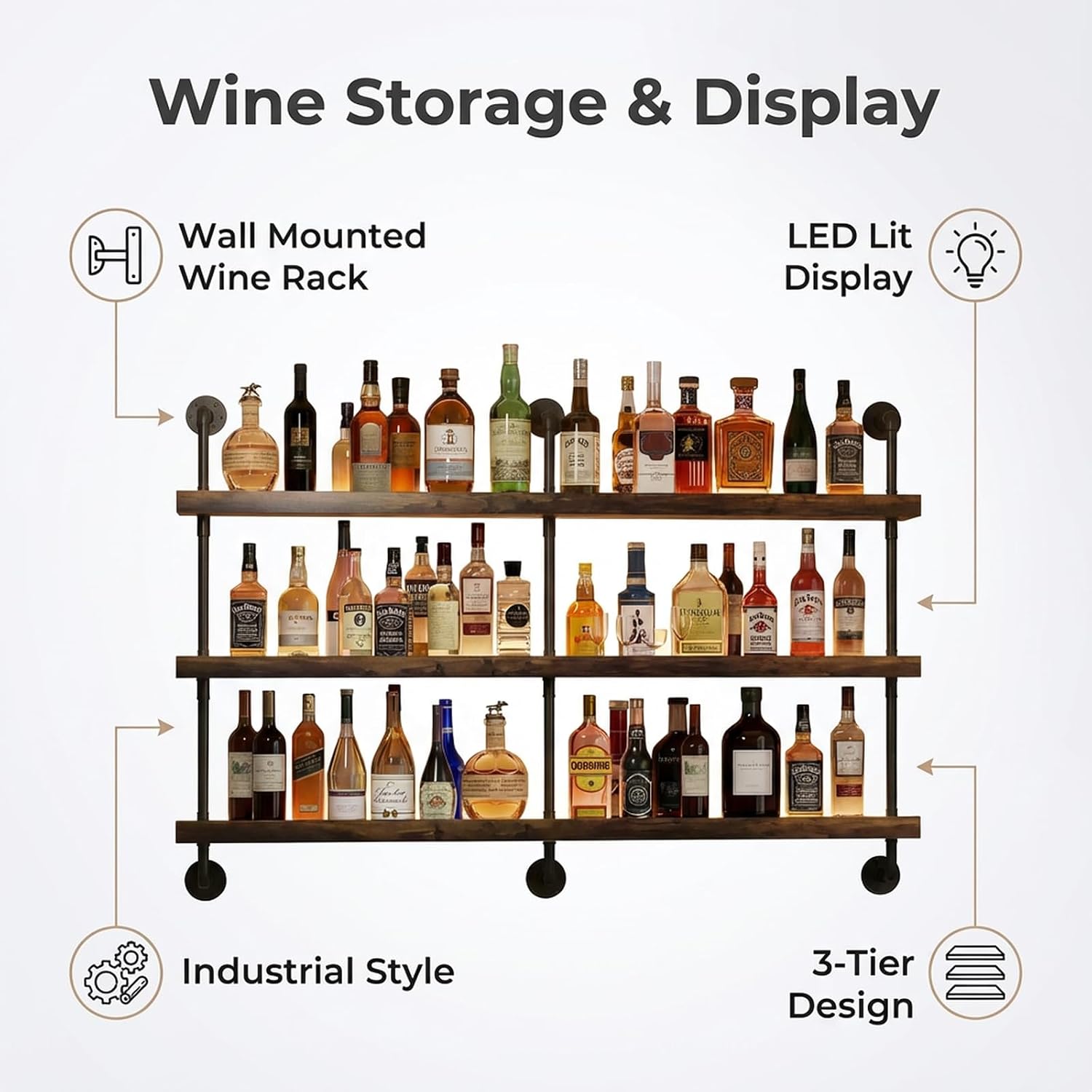 3-Tier Wall Mounted Wine Rack, Industrial Pipe Bar Shelf for Wine Bottle Storage, Industrial Pipe Shelves Shelf Shelving for Home Bar Dining Room Kitchen (47.2' W x 47.2' H)