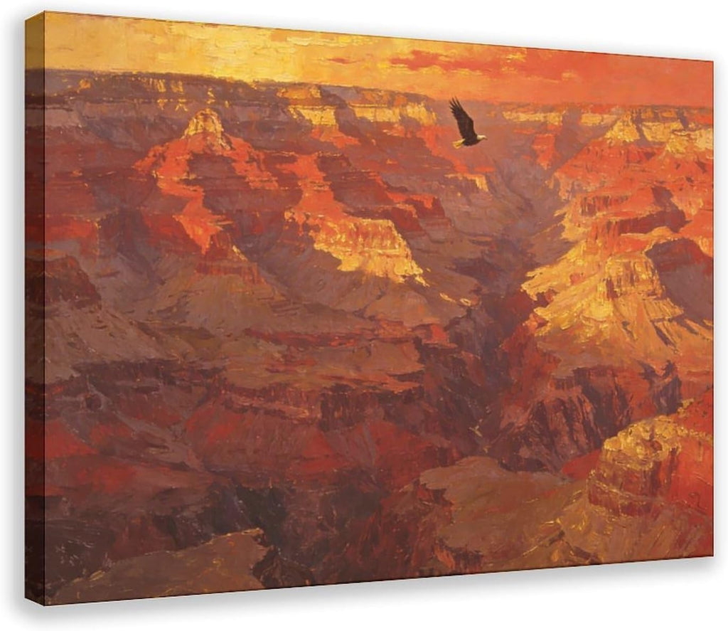 Canyon Sunset Landscape Wall Art Print, Dramatic Red Rock Vista with Soaring Eagle Painting Poster for Home Office Decor 24x36inch(60x90cm)