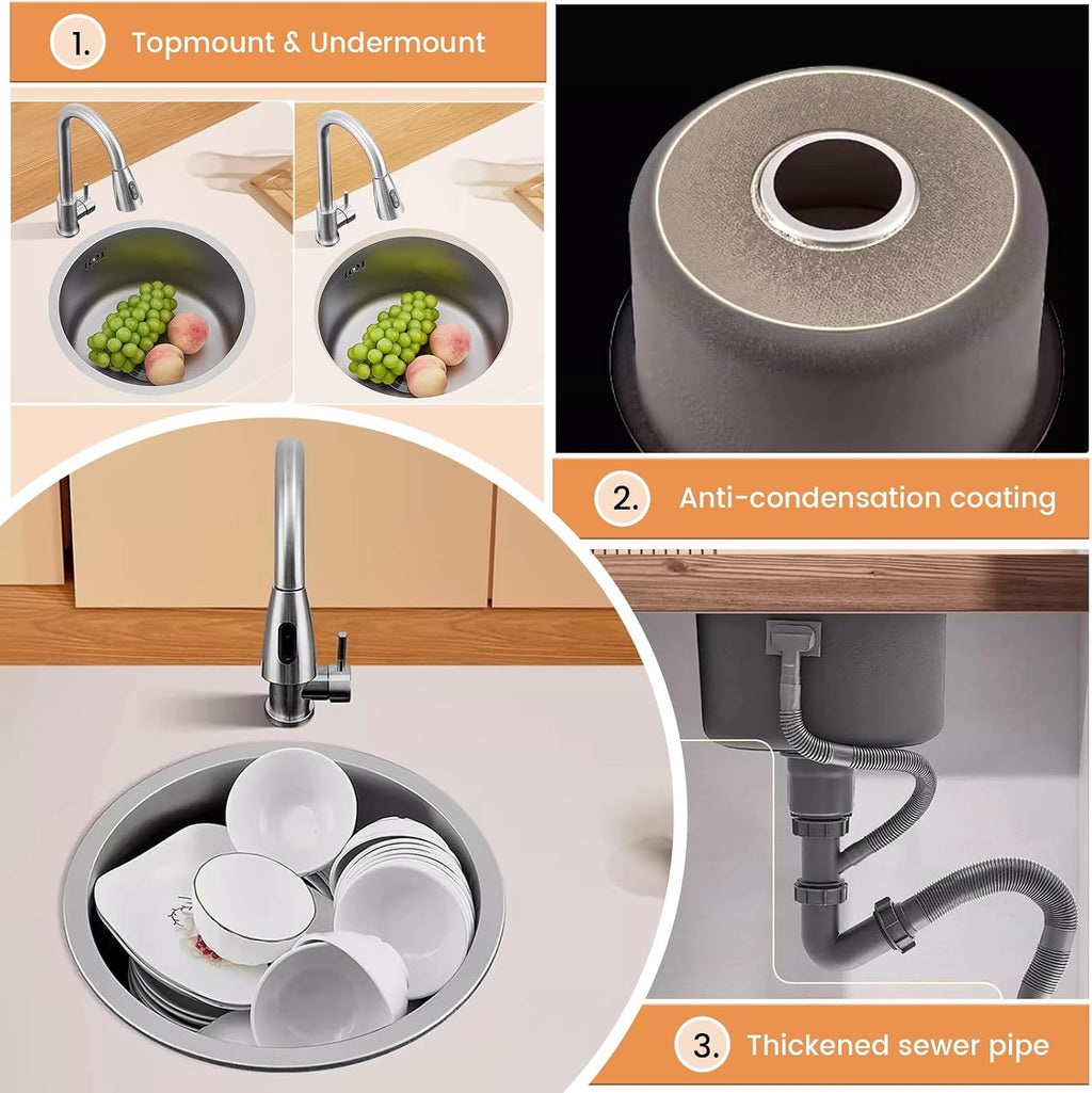 Stainless Steel Kitchen Sink, Single Bowl Sink With Drain Fittings & Overflow, Small Washing Basin, Round Pool For Utility Room, Kitchen, Bar, Pub, Drop In & Undermount(Silver,28cm)