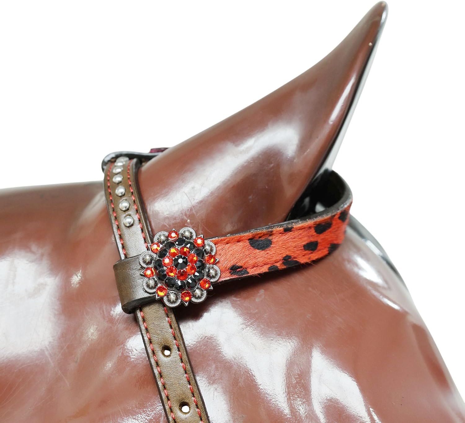 Cheetah Headstall & Breast Collar Tack Set – Gladiator Style with Leopard Print on Leather | Genuine Argentine Cow Leather | Antique Nickel Hardware & Copper Rivet Buckles