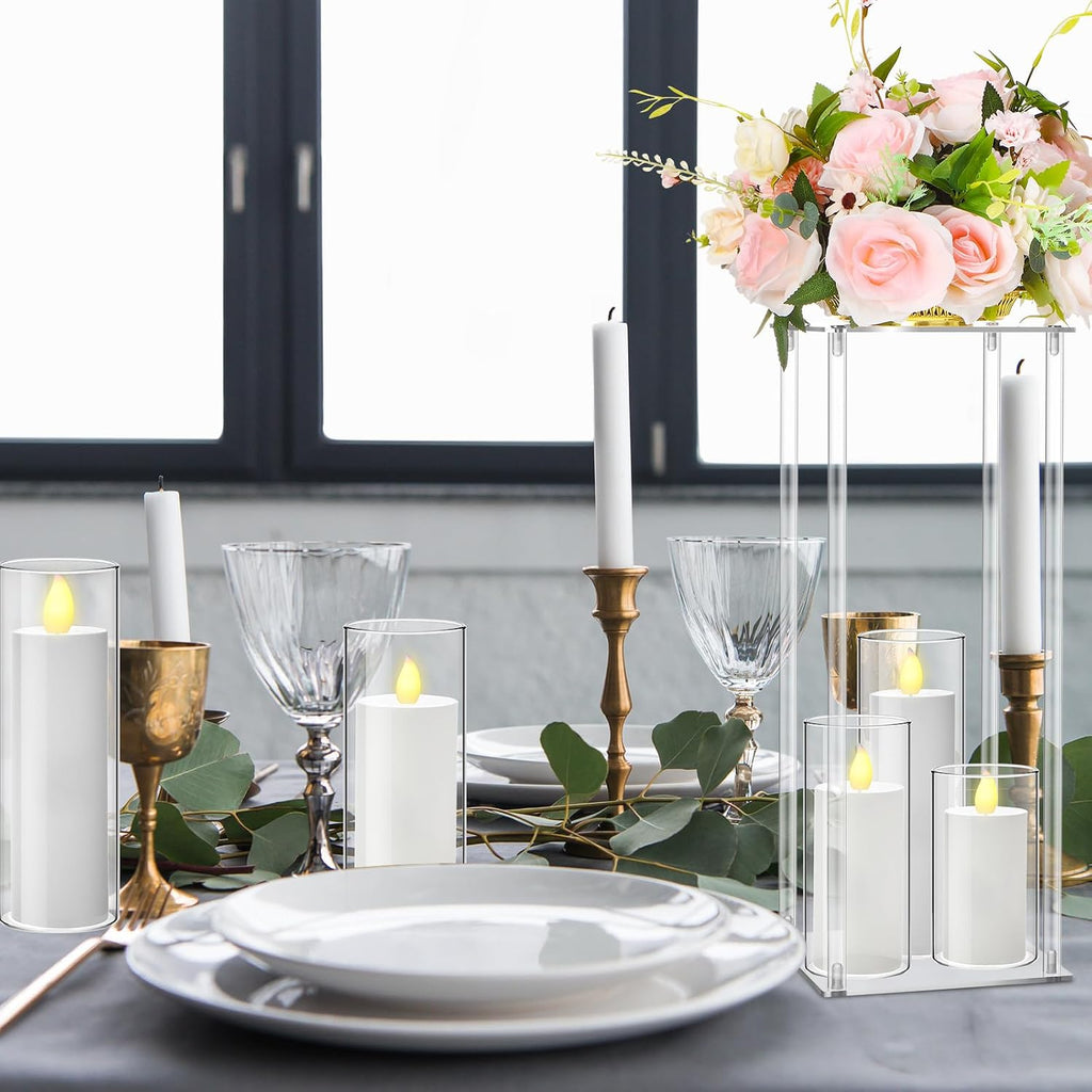 Sieral 6 Sets 20''Tall Clear Acrylic Flower Vase Wedding Centerpieces Flowers Stand with Glass Candle Holders Cylinder Vases, Transparent Flower Vases for Table Centerpiece Wedding Home (Mix)