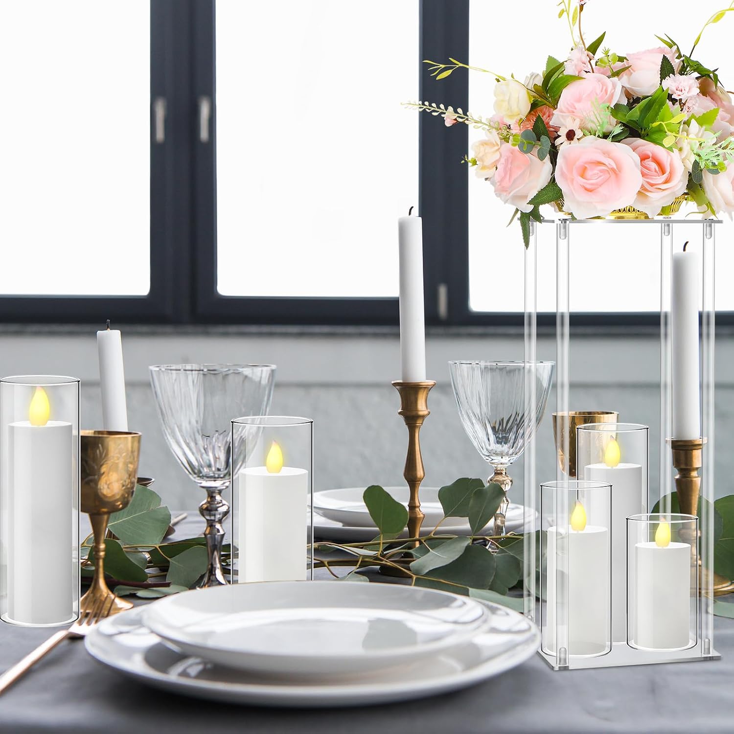 Sieral 6 Sets 20''Tall Clear Acrylic Flower Vase Wedding Centerpieces Flowers Stand with Glass Candle Holders Cylinder Vases, Transparent Flower Vases for Table Centerpiece Wedding Home (Mix)