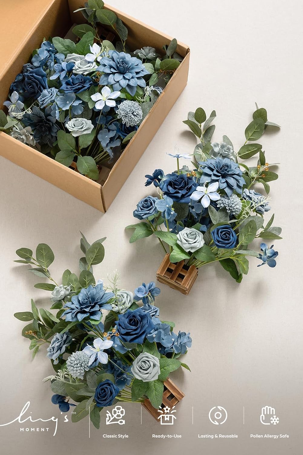 Ling's moment 17.5' Tall Standing Artificial Flowers Arrangements 4pcs Fall Wedding Aisle Runner Chair Decorations Dusty Blue & Navy Centerpieces for Ceremony Reception Rose Floral Party Outdoor