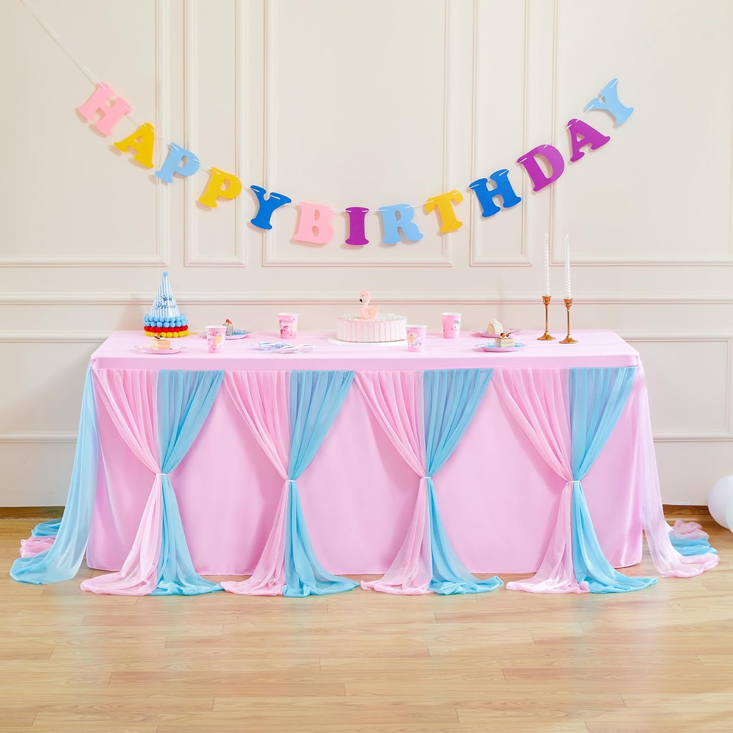 Besutolife Blue Pink Tulle Tablecloth for Rectangle Tables 6ft 3 Sides for Wedding Birthday Party Baby Shower Cake Dessert Buffet Banquet Table Decorations 6Pack