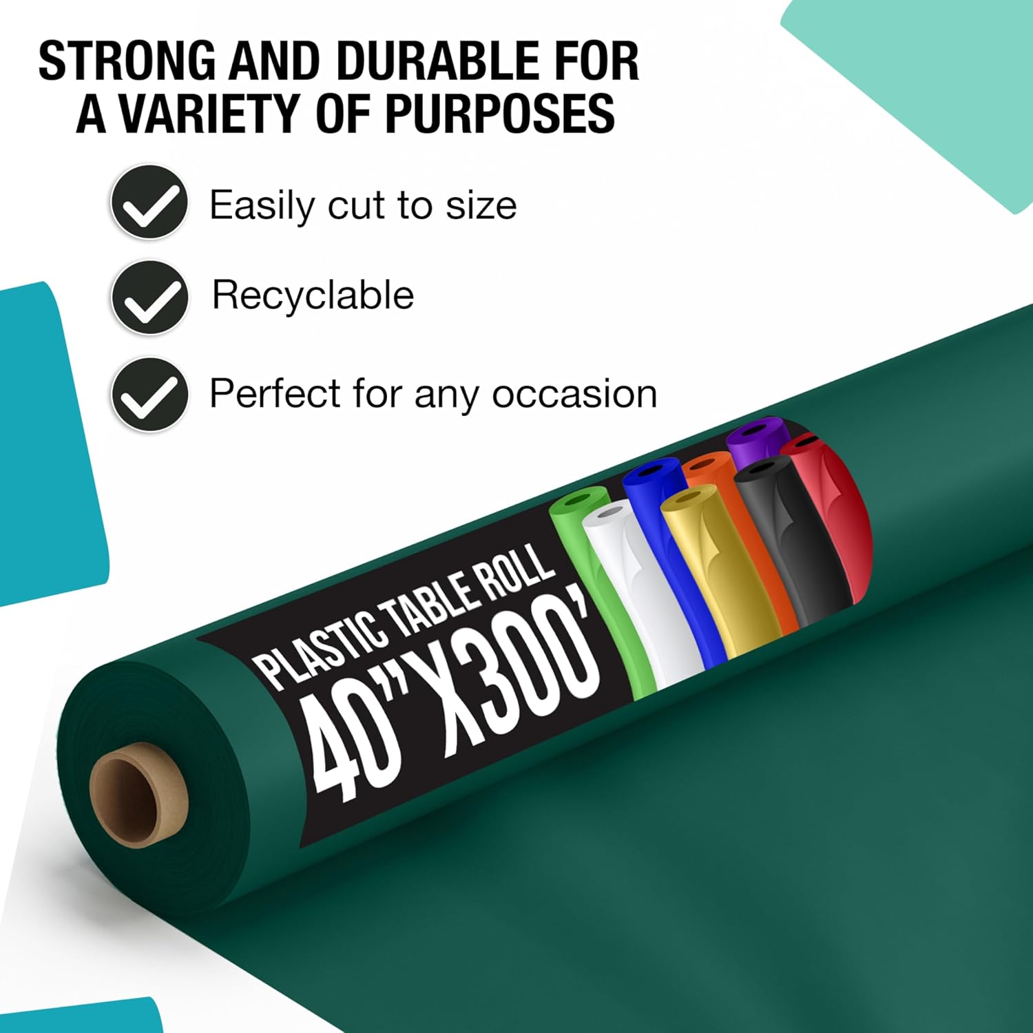 Exquisite Party Solids Dark Green Plastic Table Cover Roll 4 Pack 40' X 300' Table Cloth Plastic Cover Roll - Premium Quality Thick 0.5 MIL Banquet Rolls - Disposable Tablecloth Rolls
