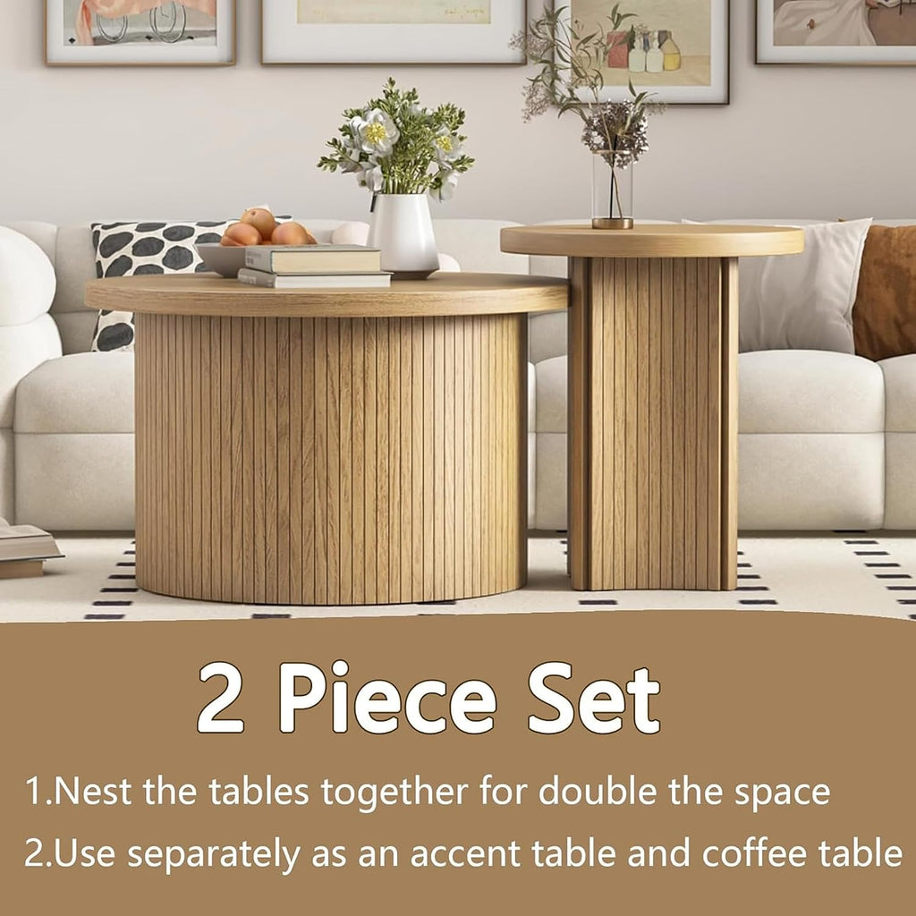 Mxtxmy Round Nesting Coffee Table Set of 2,Coffee Tables for Living Room,Round Coffee Tables with Wood Finish,Stackable Coffee Table Set,Rustic Sofa Side Table,Living Room Bedroom (Large Size)