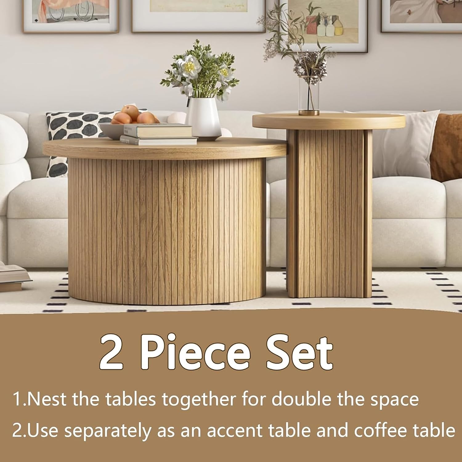 Mxtxmy Round Nesting Coffee Table Set of 2,Coffee Tables for Living Room,Round Coffee Tables with Wood Finish,Stackable Coffee Table Set,Rustic Sofa Side Table,Living Room Bedroom (Large Size)