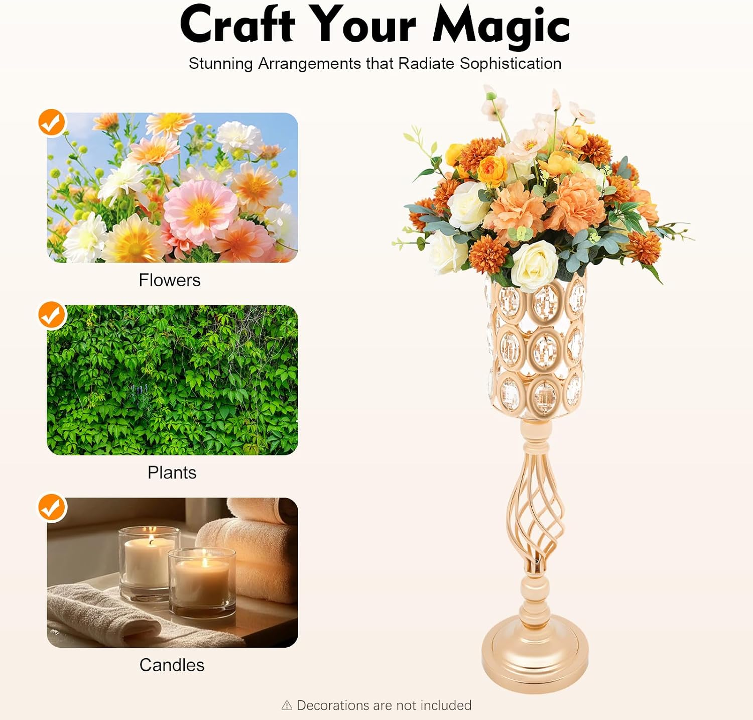 10PCS Wedding Flower Centerpieces for Tables, 61cm/24 Tall Crystal Wedding Decor Flower Stand Floral Display Rack Gold Vases for Tables Wedding Dinner Party, Ceremony Birthday Event Decor (Gold)