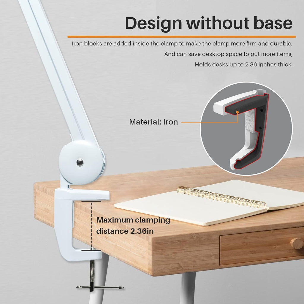 Task Lamp with Clamp, 23 Inch Lamp Head, Bright 182PCS LEDs,3 Color Temperatures, 4 Brightness Levels, Metal Swing Arm 20W 2200 Lumen Dimmable Led Desk Lamp (White, CCT)