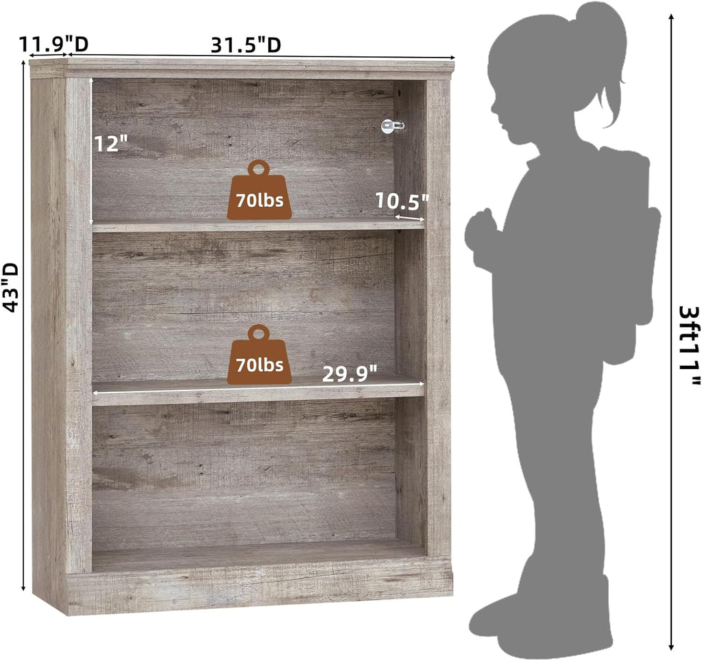 RWYHG 43' Grey Tall Bookshelf,3-Tier Thick Wooden Book Shelf with Adjustable Shelves,Free Standing Farmhouse Bookcase with Open Display Storage,Floor Vintage Bookshelves for Living Room,Office