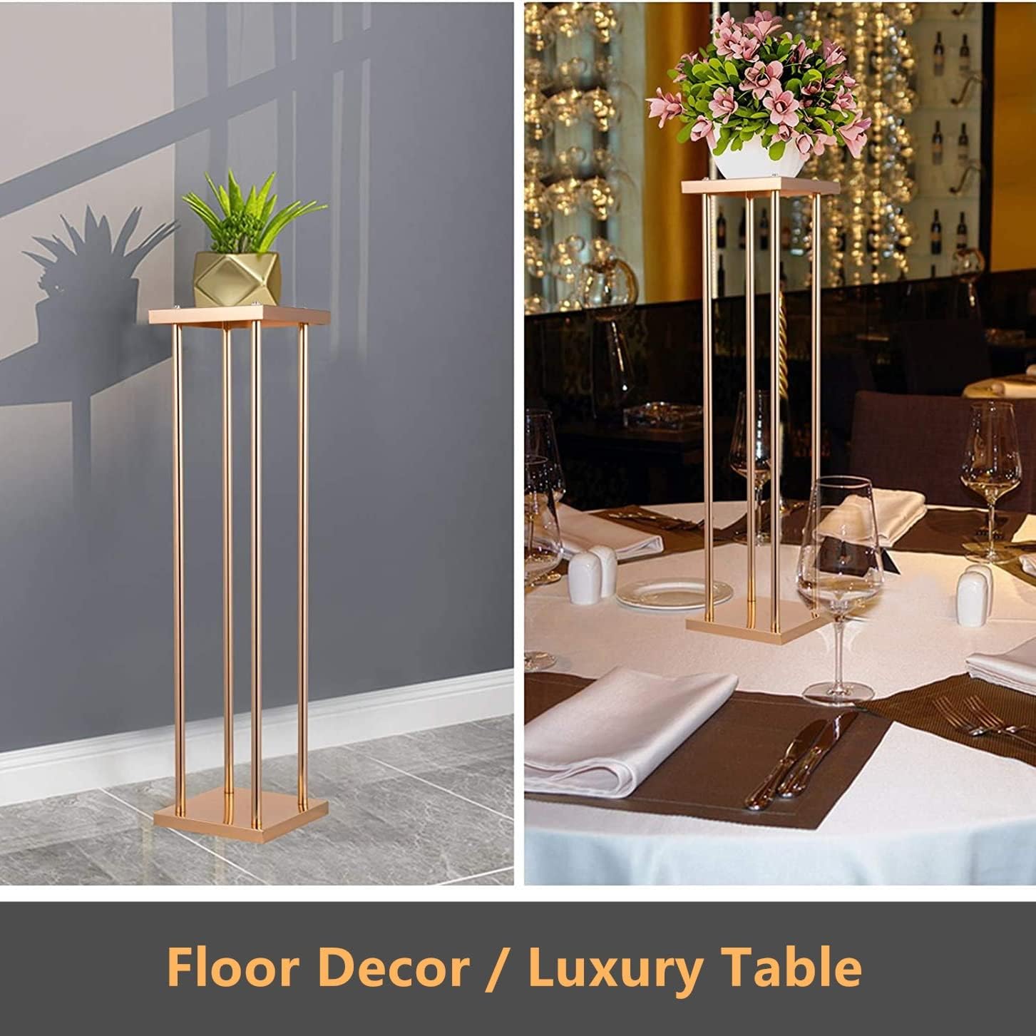 10 Pcs Wedding Flower Stand Metal Vase Stand with Plates Gold Floor Metal Column Gold Rectangular 7.87' x 7.8 7'x 31.5' Flower Display Stands Table Flower Stands for Wedding Party Events Table Decor (31.5 inch Tall)