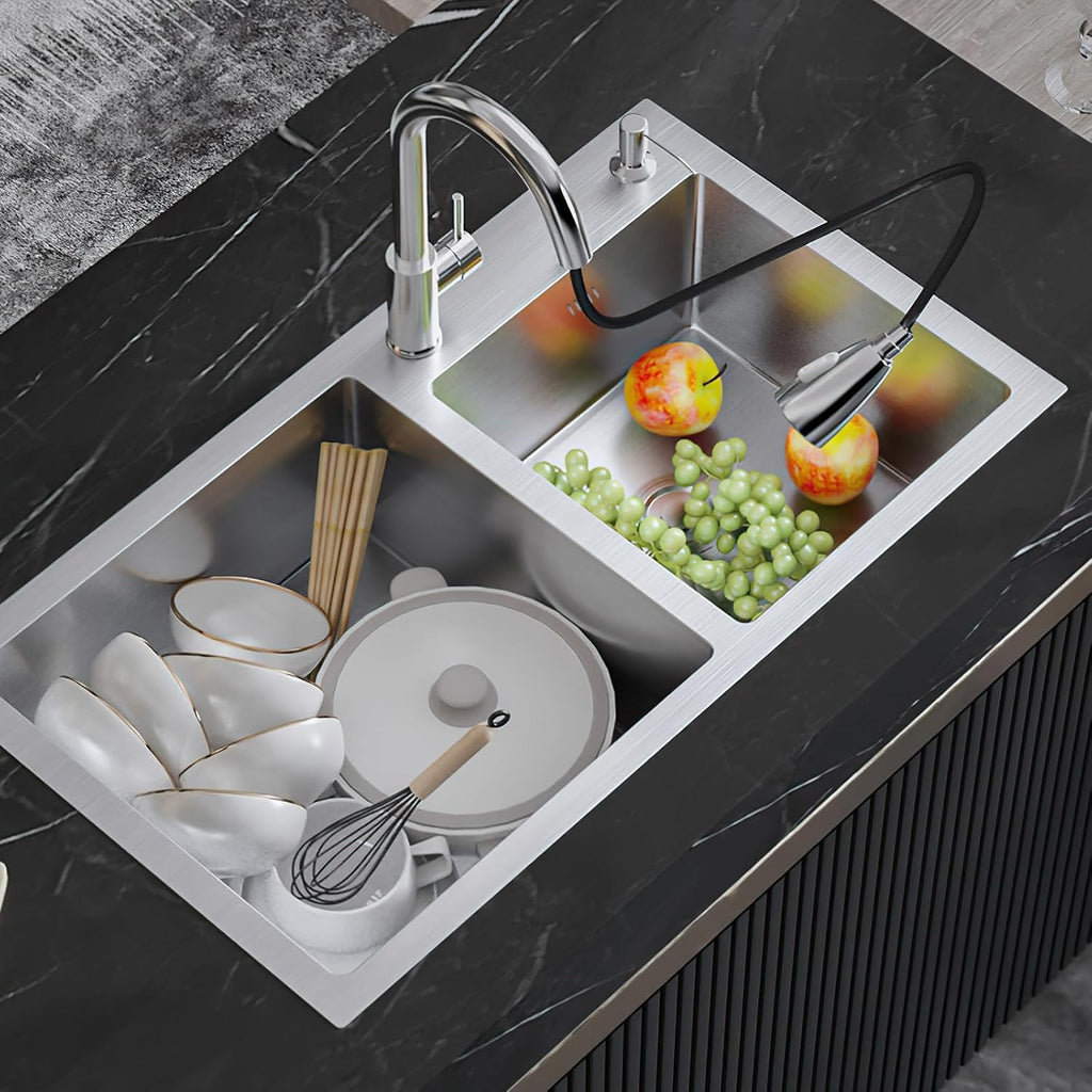 32' x 18' Drop-in/Topmount Double Bowl Kitchen Sink, Nano-Coated 304 Stainless Steel Kitchen Sink with Drain and Overflow
