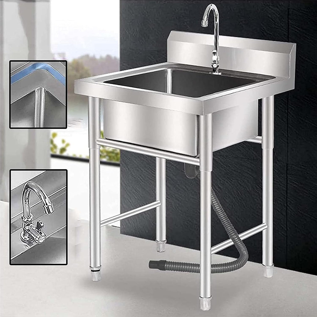 Single Bowl Sink Stainless Steel Commercial Utility Basin with Faucet, Free Standing 1 Compartment Sink for Bar, Restaurant, Kitchen, Hotel and Home
