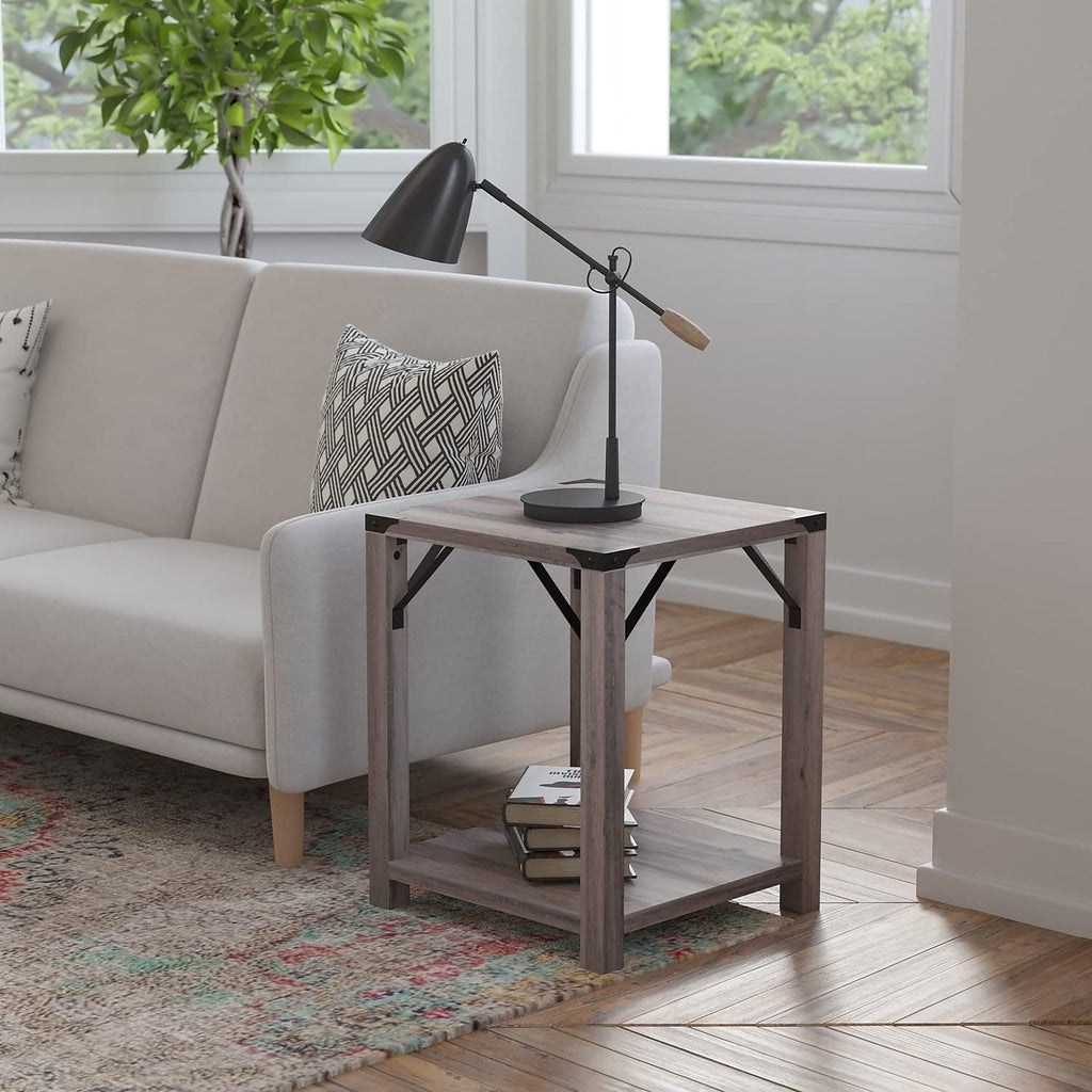 Flash Furniture Wyatt Modern Farmhouse 2 Tier Side Table - Gray Wash Engineered Wood Frame - Black Metal Crisscross Side Braces and Corner Accents