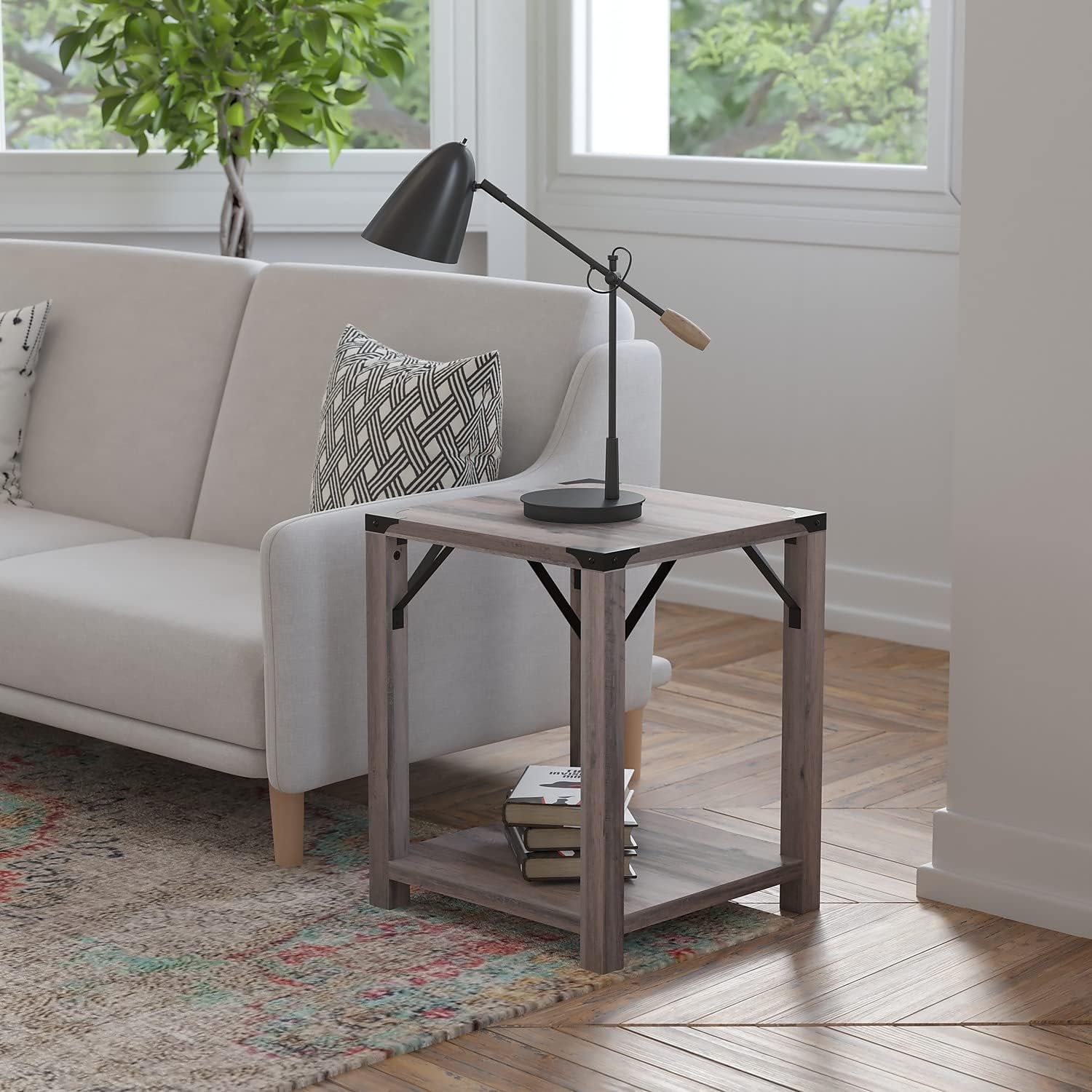 Flash Furniture Wyatt Modern Farmhouse 2 Tier Side Table - Gray Wash Engineered Wood Frame - Black Metal Crisscross Side Braces and Corner Accents