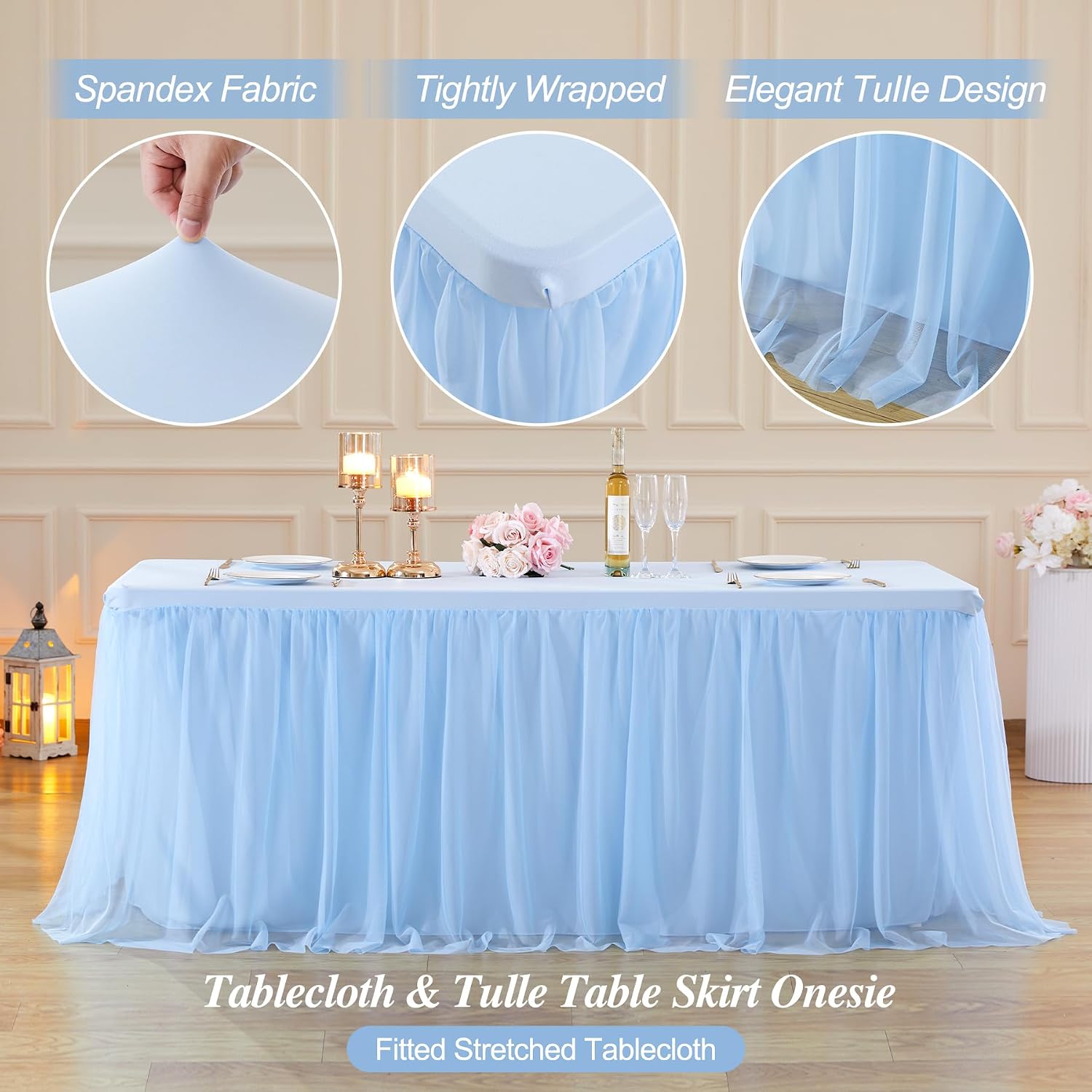 Baby Blue Tulle Tablecloth Table Skirt for 6 Foot Rectangle Tables with Ruffle Tutu Design for Wedding Reception Party Birthday, 6 Pack, 6ft Fitted Spandex Table Cover