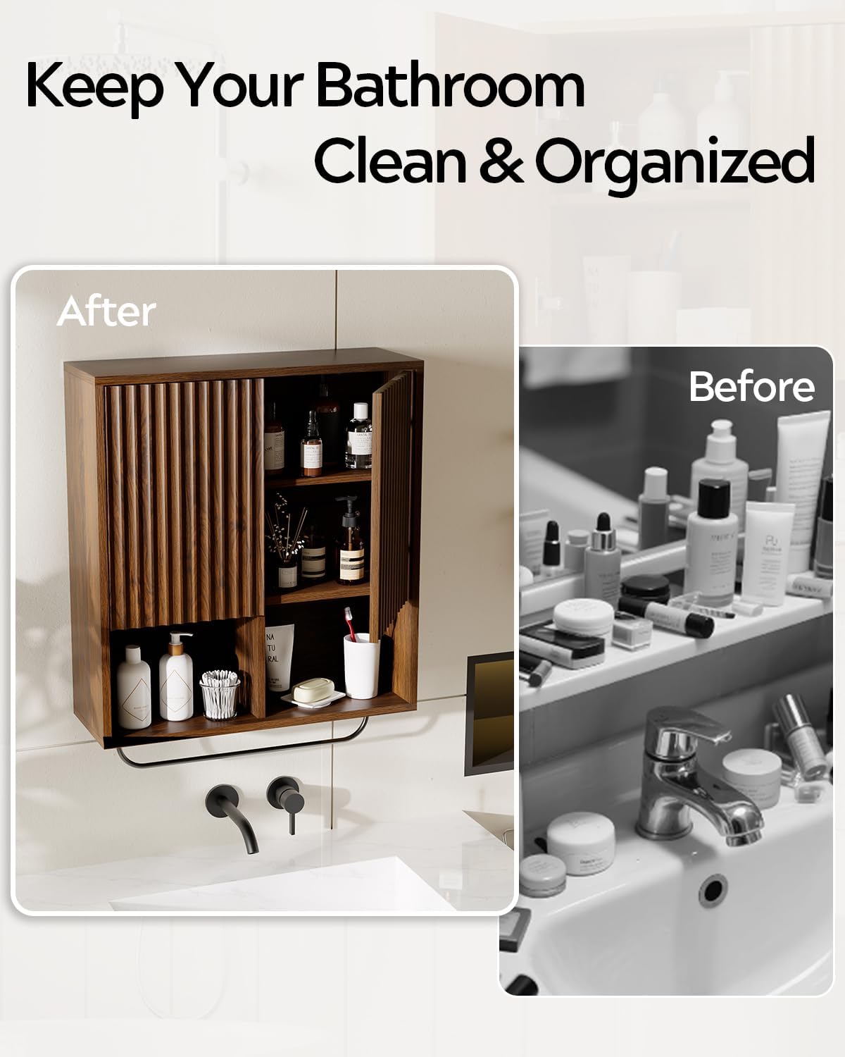 Fluted Wall Cabinets with Doors and Shelves Set of 2, Modern Medicine Cabinet Bathroom Adjustable Shelf Towel Rack Wood Storage Cabinet for Kitchen Dining Room Living Room, Brown