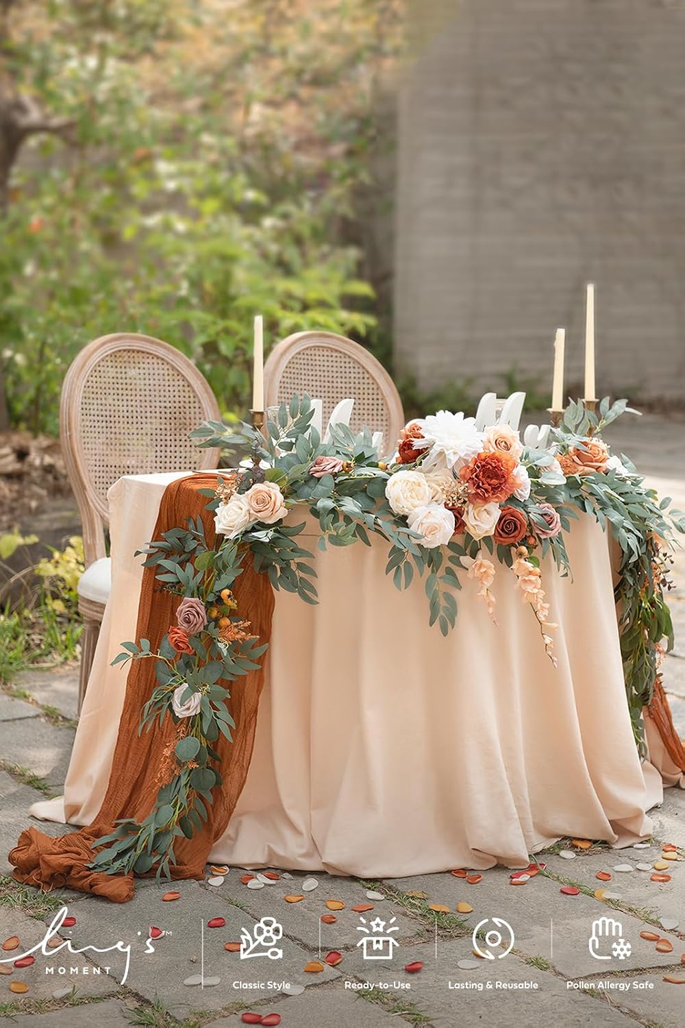 Ling's moment Fall 9FT Flower Garland for Backdrop Decorations - Wedding Arch Flowers, Eucalyptus & Rose, Artificial Floral Garland for Mantle - Sweetheart Table Decor for Ceremony, Terracotta