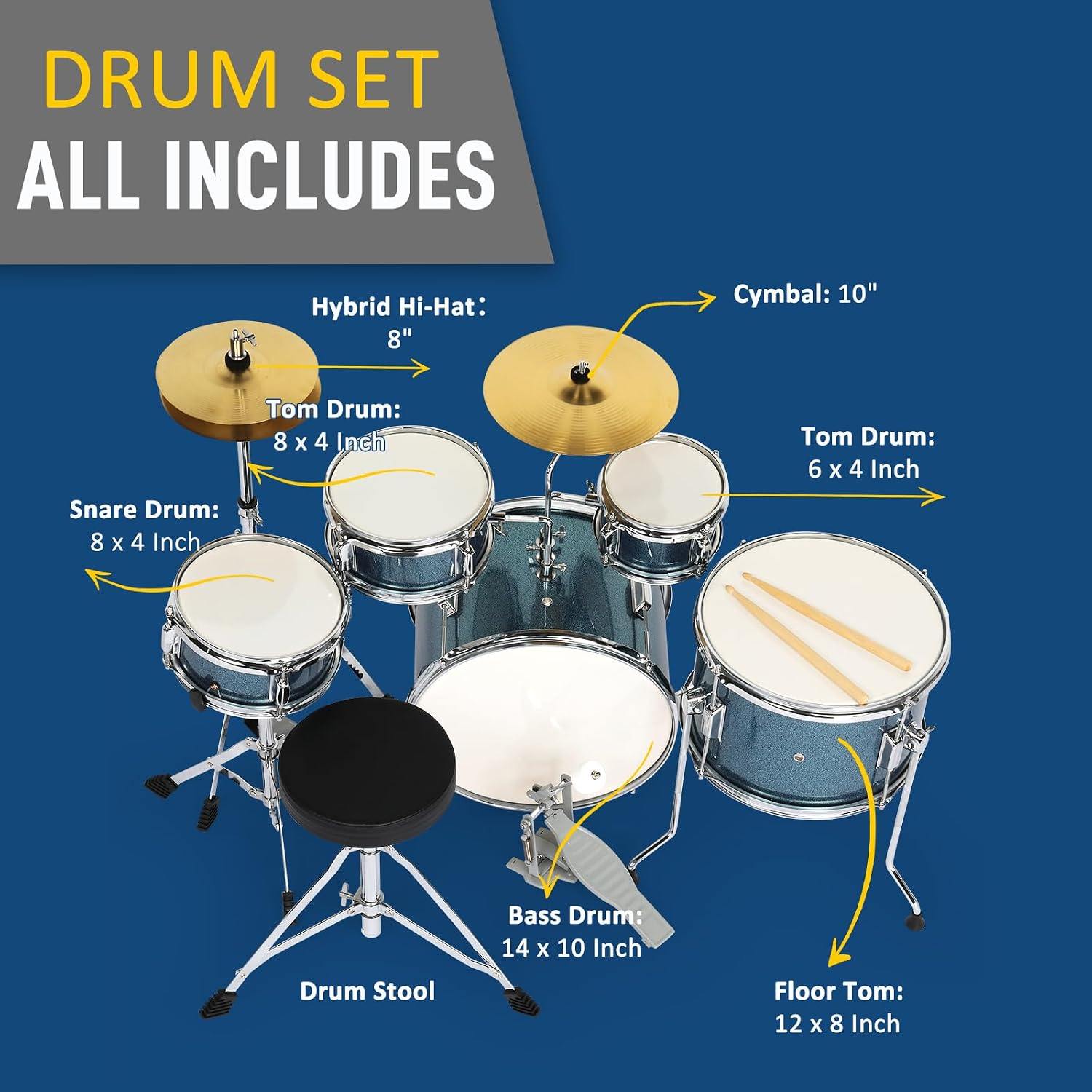 Ktaxon 5-Piece Complete Junior Drums Set, 14 Inch Beginners Drum Kit with Throne Stool, Pedal & Drumsticks, Drums Musical Instruments W/Cymbal, Hi-Hat, Floor, Tom and Snare Drum (Blue)