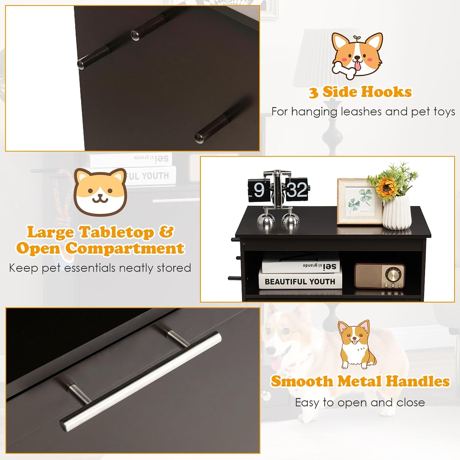 PETSITE Dog Feeding Station with Storage and 2 Elevated Bowls, Modern Dog Food Cabinet with 3 Side Hangers and Tilt-Out Storage Cabinet (Brown)