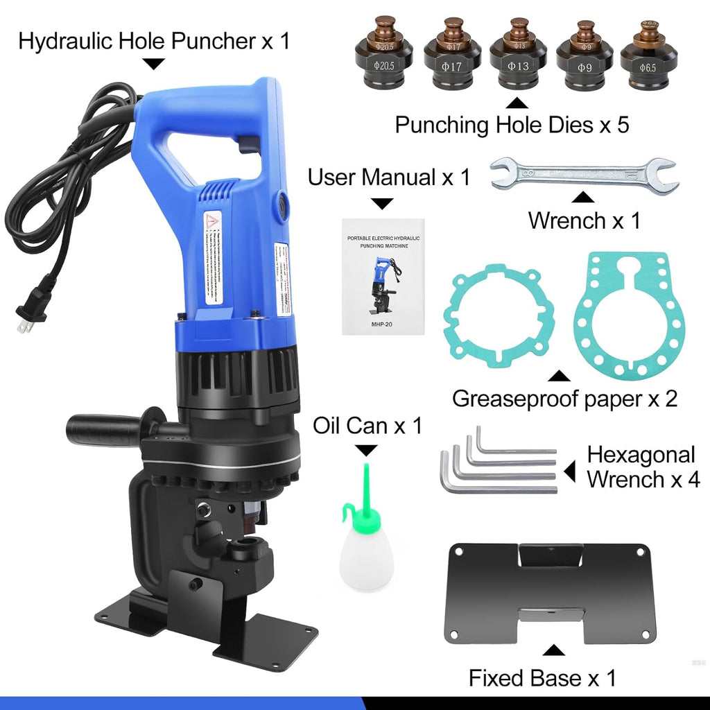 Electric Hydraulic Hole Punch for Metal,1200W Hydraulic Hole Puncher,Angle Steel Hole Punching Machine with Die Φ1/4' 3/8' 1/2' 11/16' 13/16',Hole Punch Tool for Metal Aluminum Copper Iron Steel Plate
