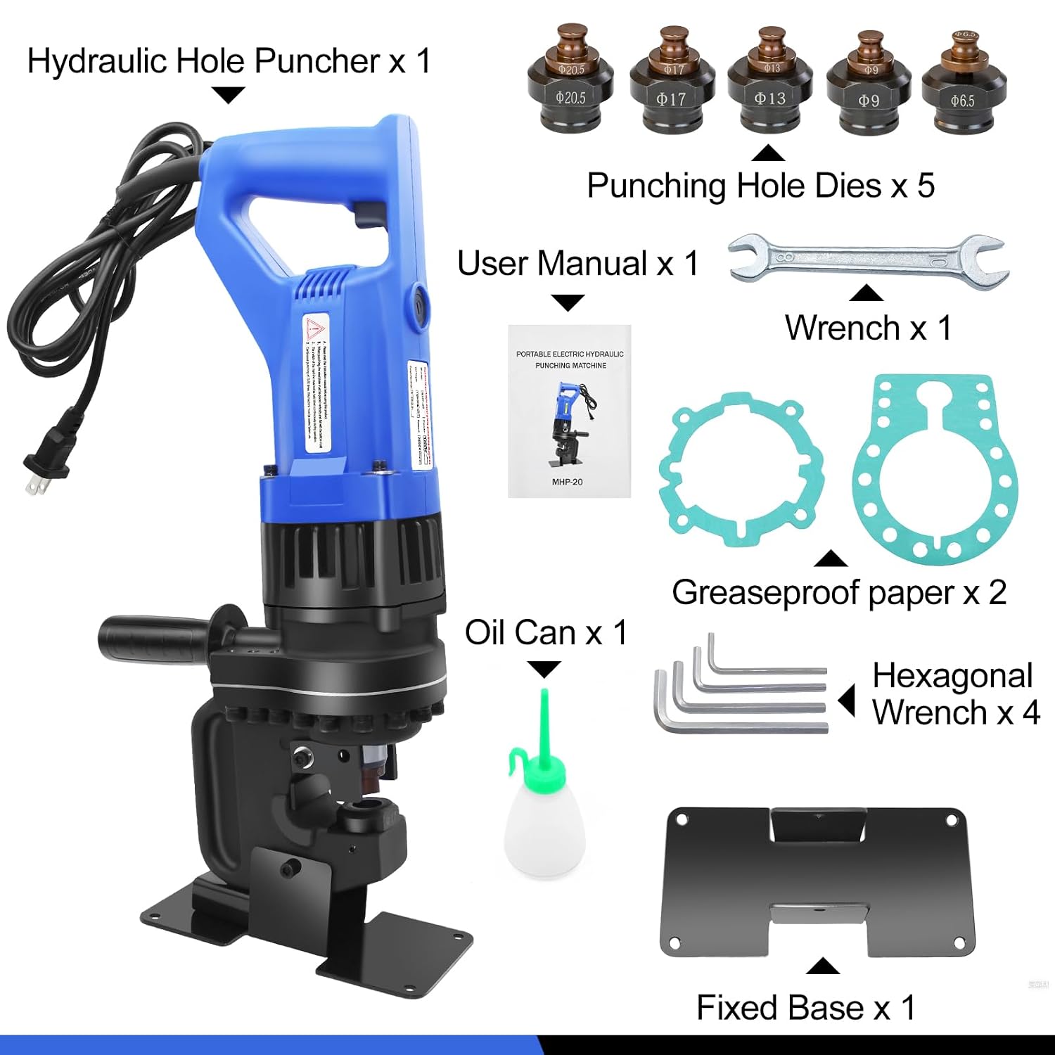 Electric Hydraulic Hole Punch for Metal,1200W Hydraulic Hole Puncher,Angle Steel Hole Punching Machine with Die Φ1/4' 3/8' 1/2' 11/16' 13/16',Hole Punch Tool for Metal Aluminum Copper Iron Steel Plate