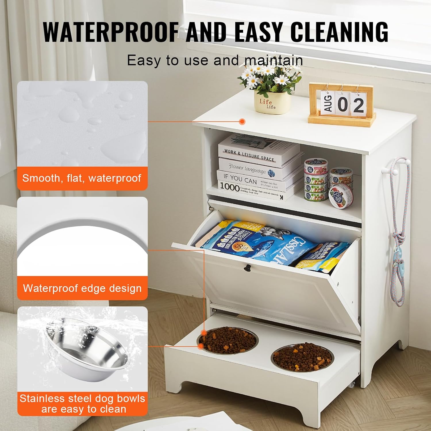 Happybuy Pet Feeding Station with 2 Stainless Steel Bowls, Elevated for Small Dogs, with Storage Cabinet and Toy Organizer