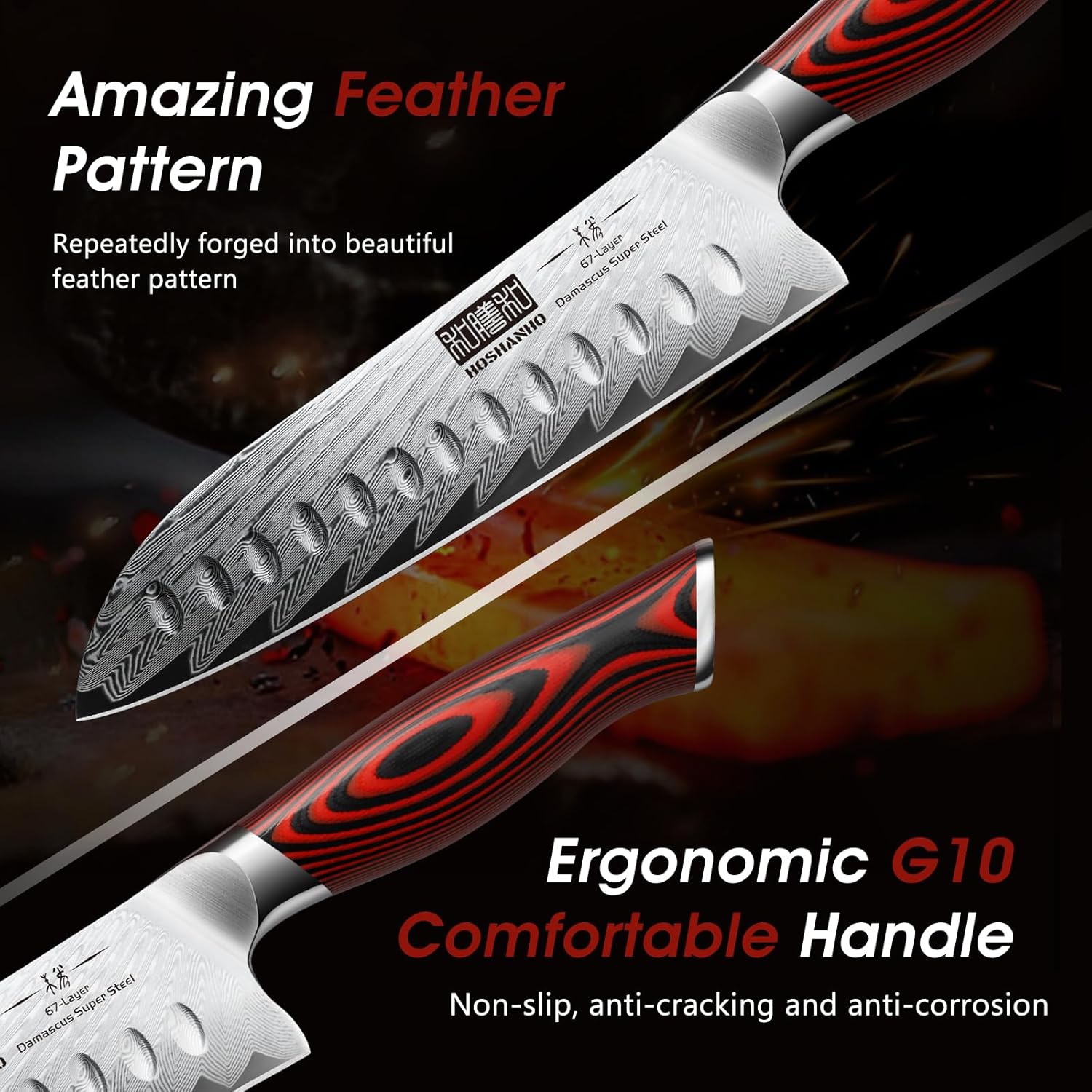 HOSHANHO Kitchen Knife Set with Block, 7 Pieces Chef Knife Set 67 Layers Damascus Steel Professional Knife Set for Cooking, Ergonomic G10 Handles with Sharpener