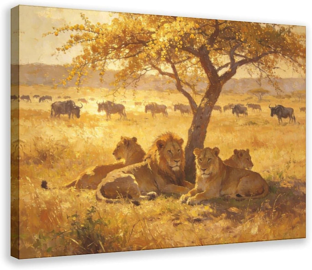 African Lions Wall Art Print, Lion Pride Resting Under Acacia Tree at Golden Sunset, Safari Wildlife Painting Poster 24x36inch(60x90cm)